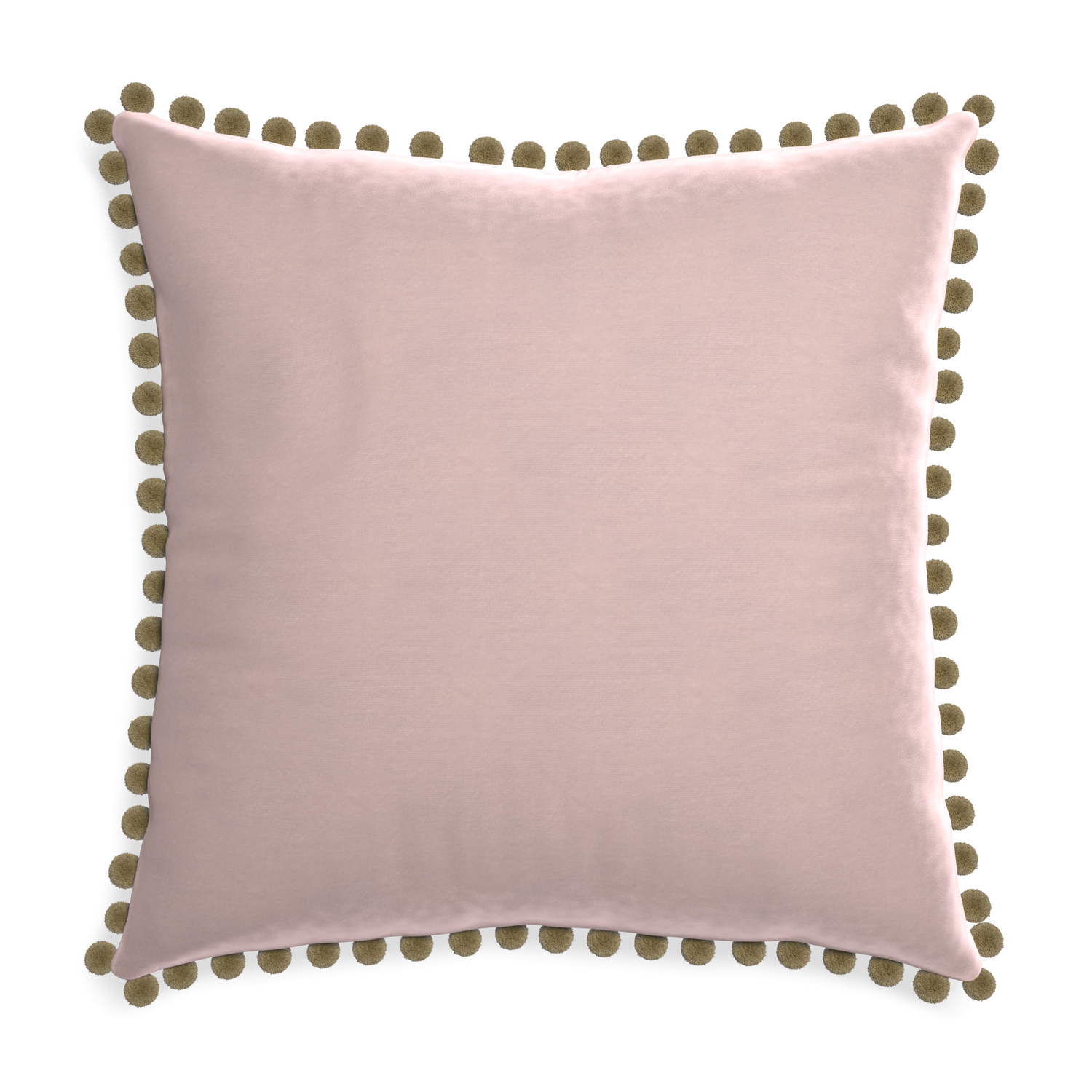 Euro-sham rose velvet custom pillow with olive pom pom on white background