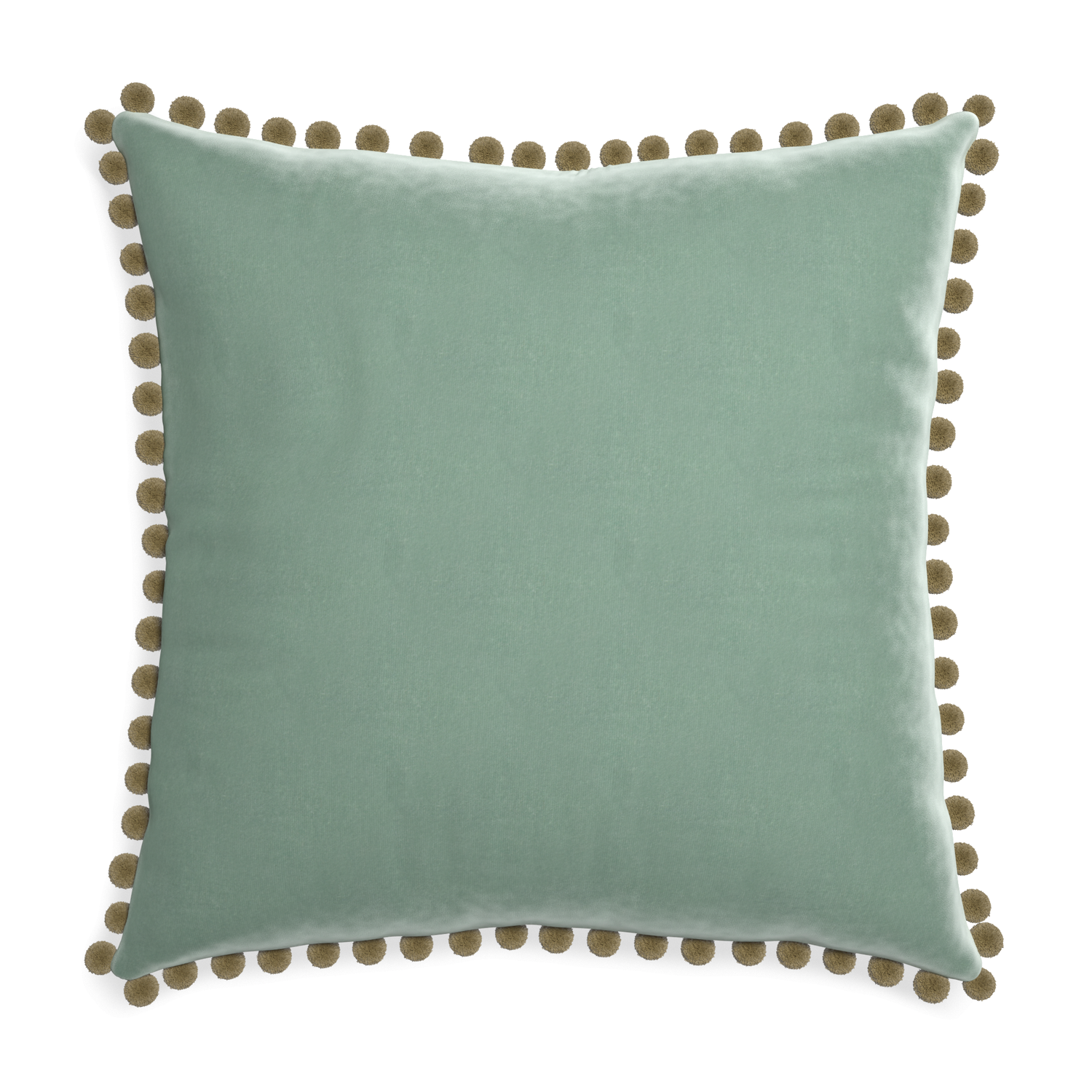 square blue green velvet pillow with olive green pom poms