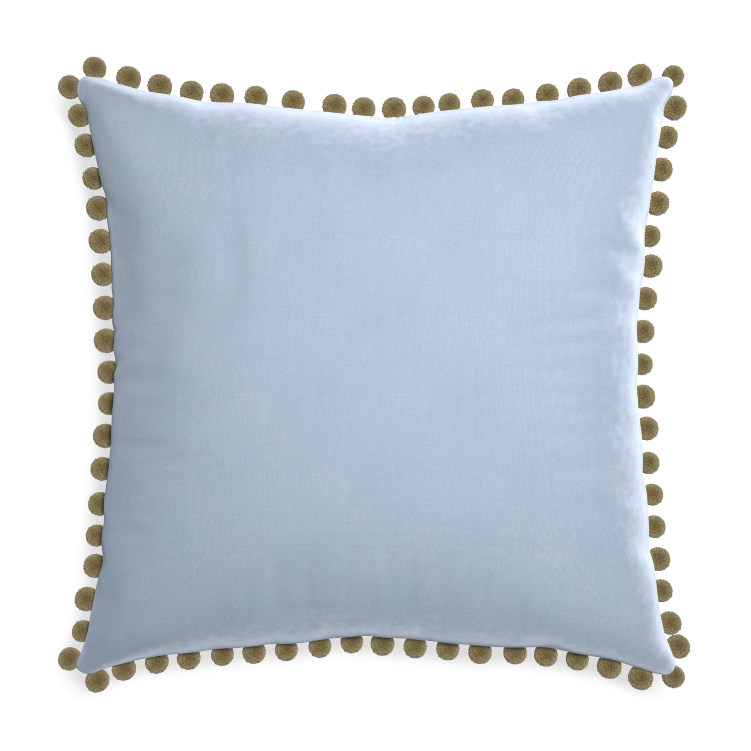 square light blue velvet pillow with olive green pom pom