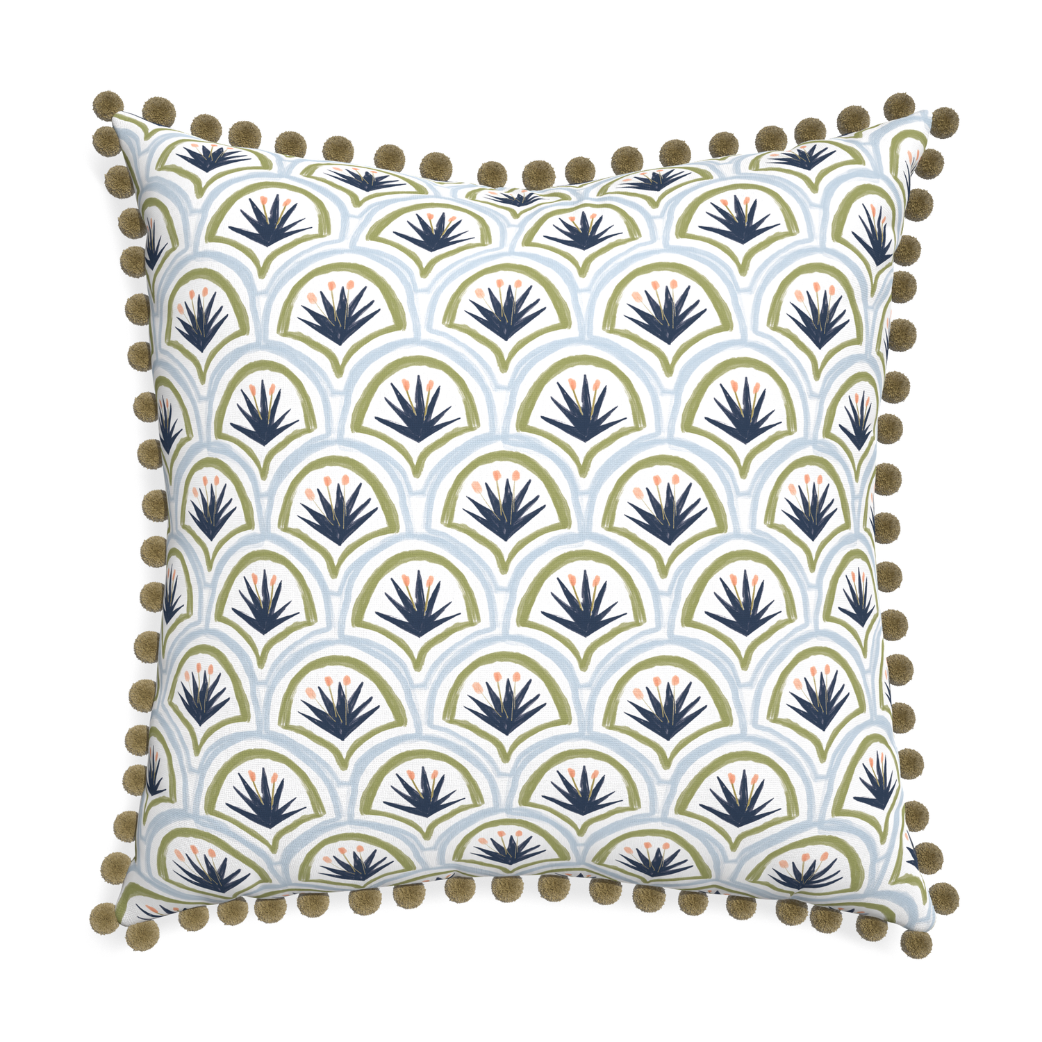 Euro-sham thatcher midnight custom art deco palm patternpillow with olive pom pom on white background