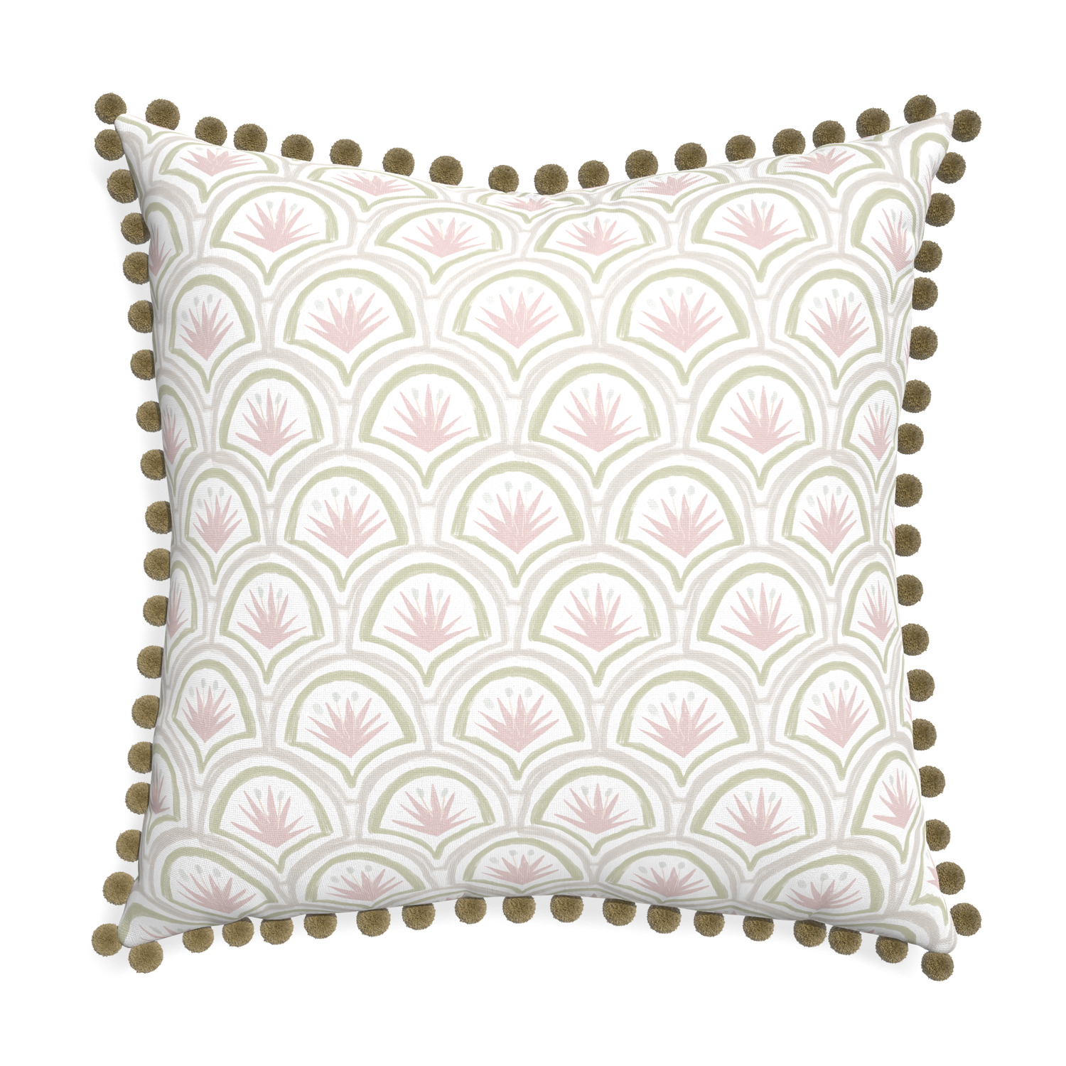 Euro-sham thatcher rose custom pink & green palmpillow with olive pom pom on white background