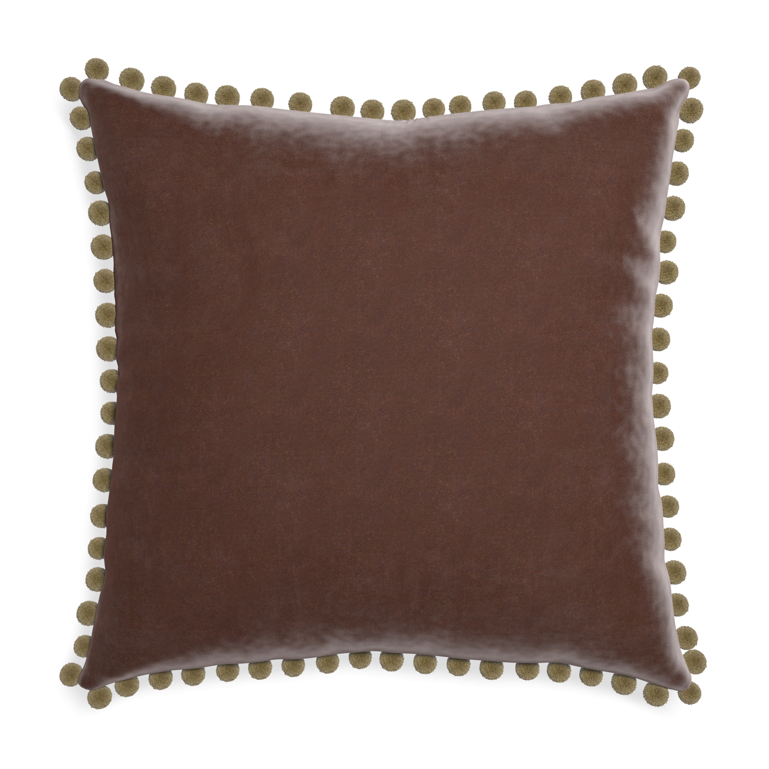 Euro-sham walnut velvet custom pillow with olive pom pom on white background