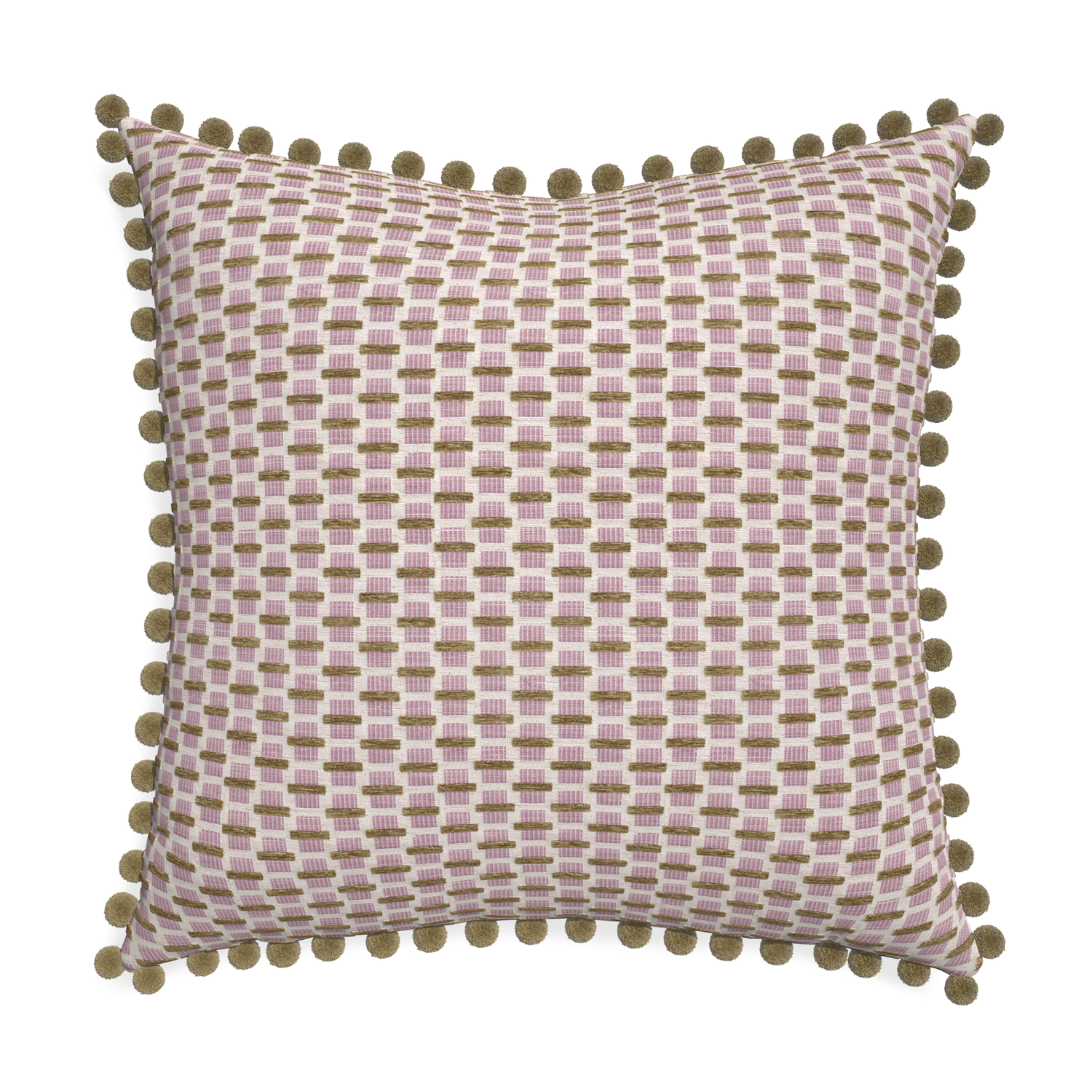 woven pink chenille jacquard  pillow with olive green pom poms