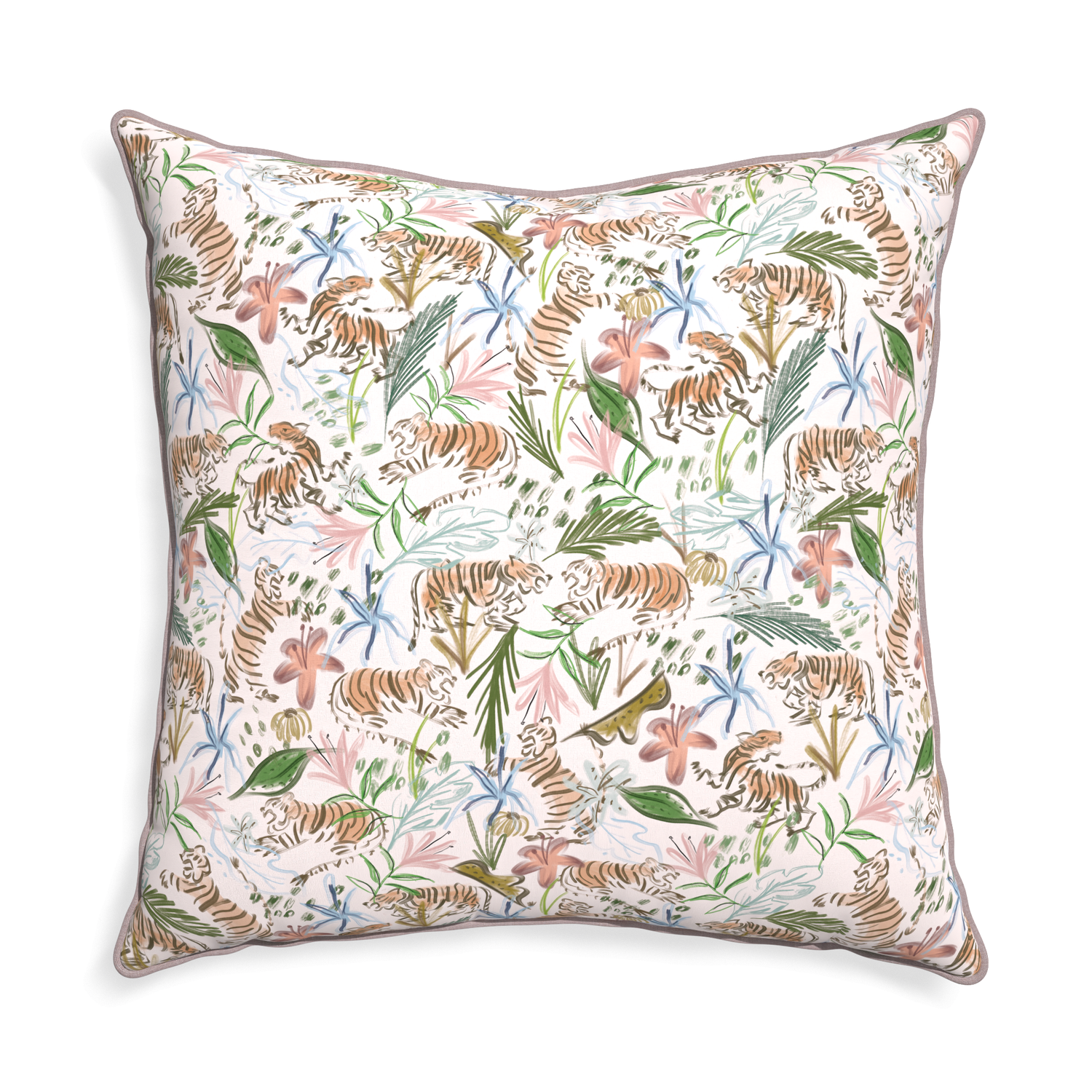 Euro-sham frida pink custom pink chinoiserie tigerpillow with orchid piping on white background
