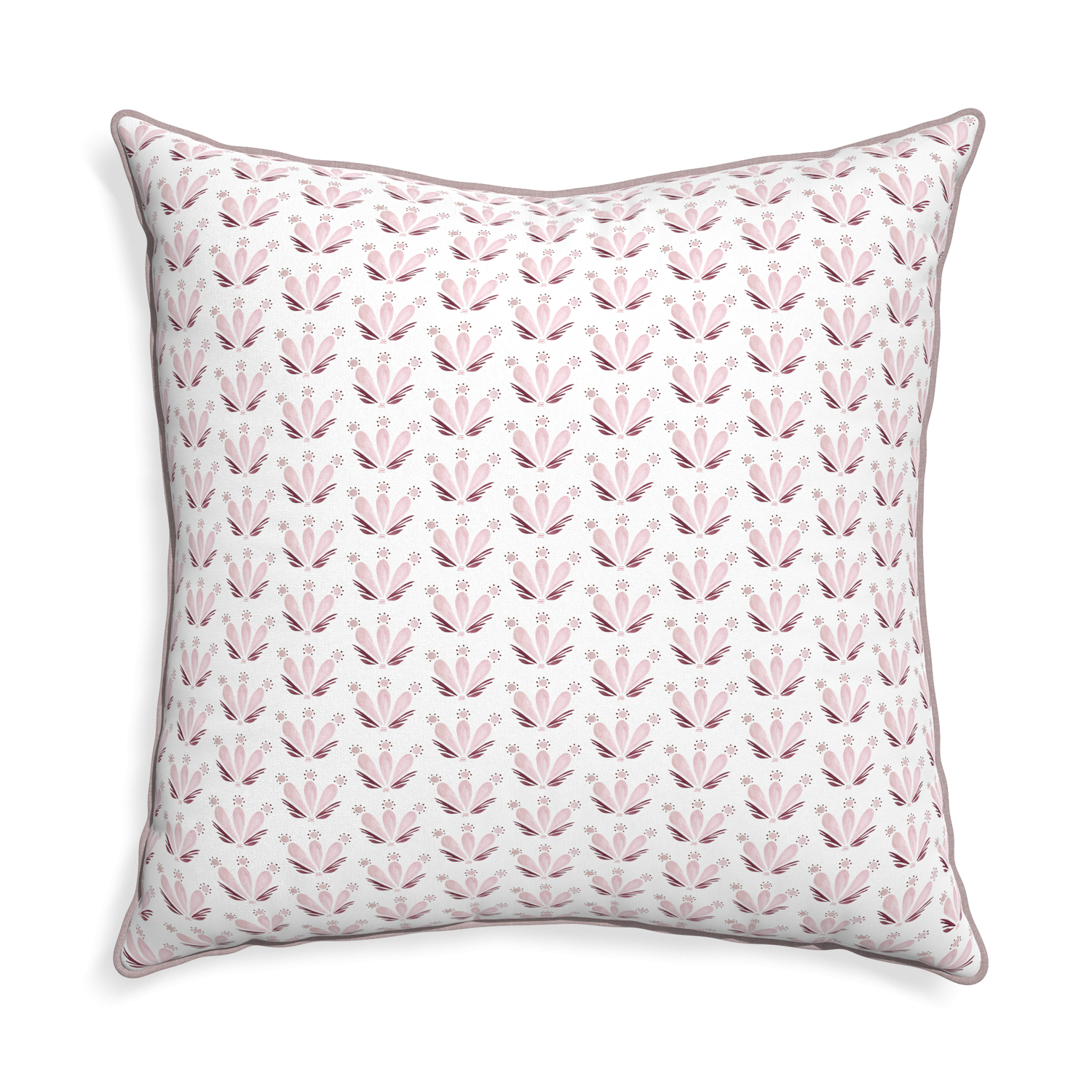 Euro-sham serena pink custom pink & burgundy drop repeat floralpillow with orchid piping on white background