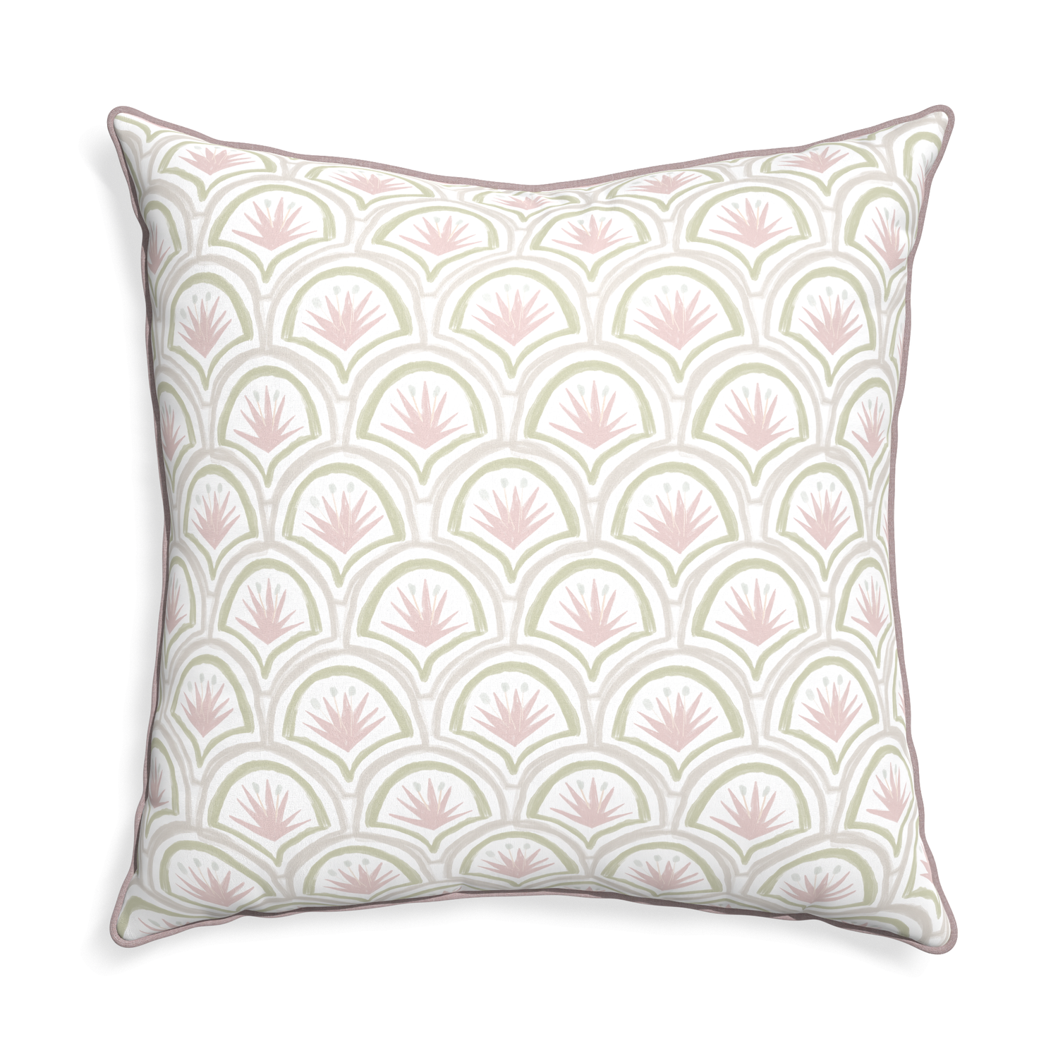 pink and green art deco palm print pillow with pink piping