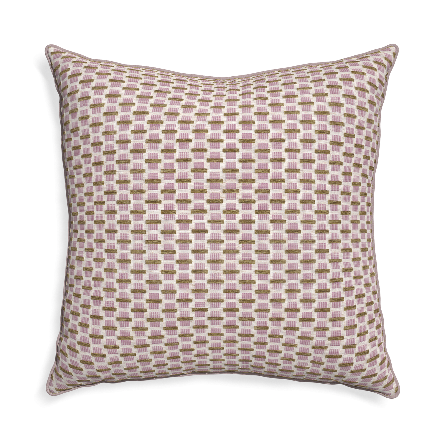 Euro-sham willow orchid custom pink geometric chenillepillow with orchid piping on white background