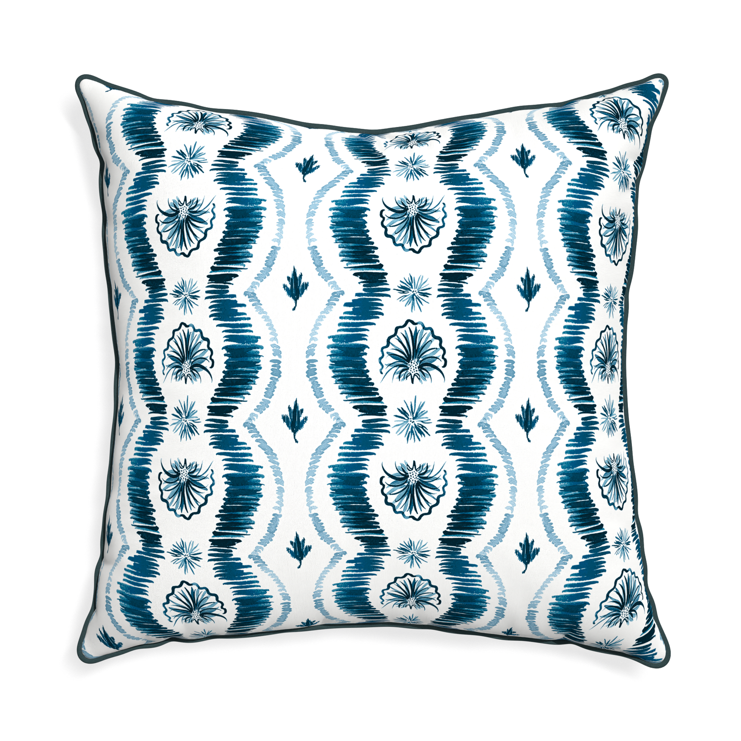 Euro-sham alice custom blue ikatpillow with p piping on white background