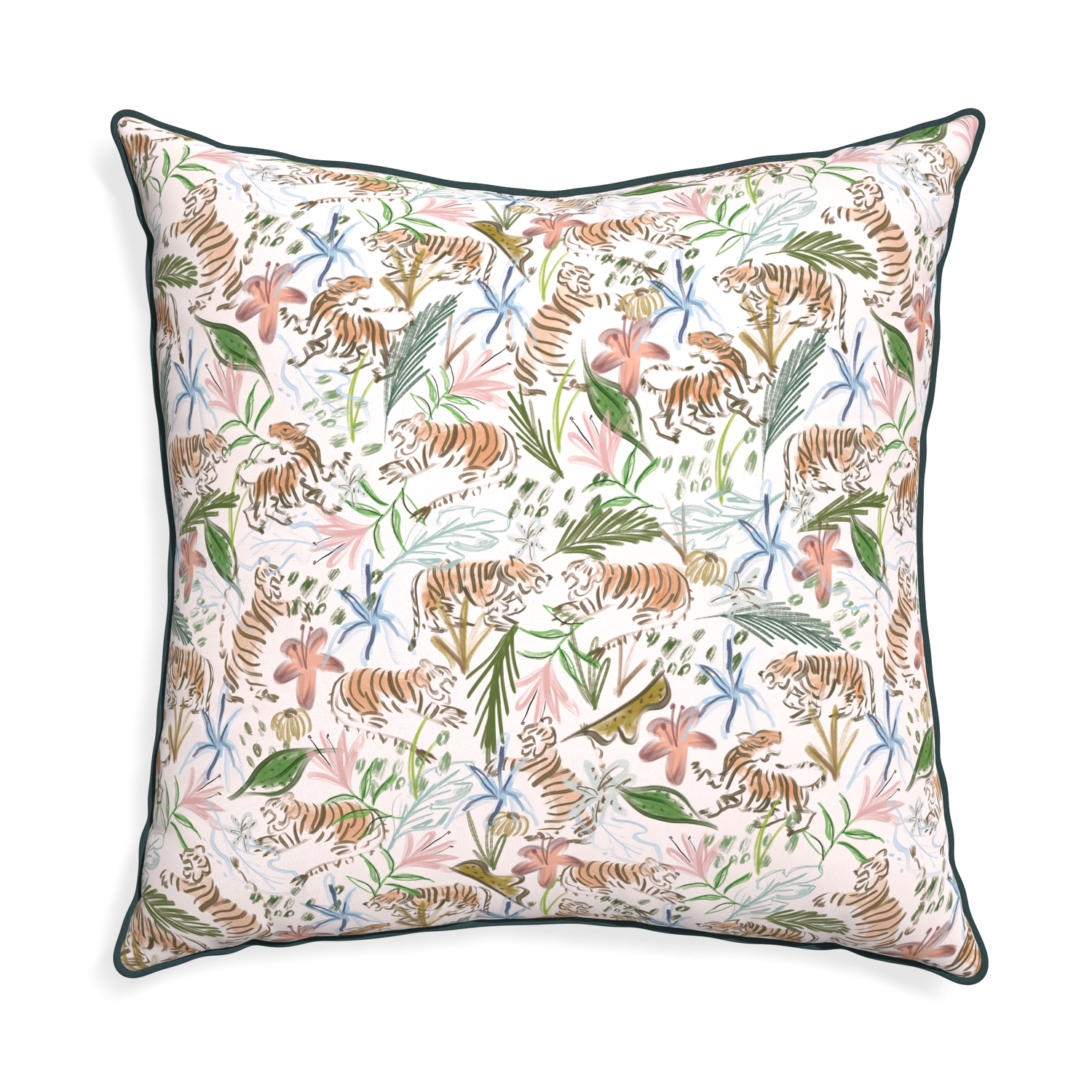 Euro-sham frida pink custom pink chinoiserie tigerpillow with p piping on white background