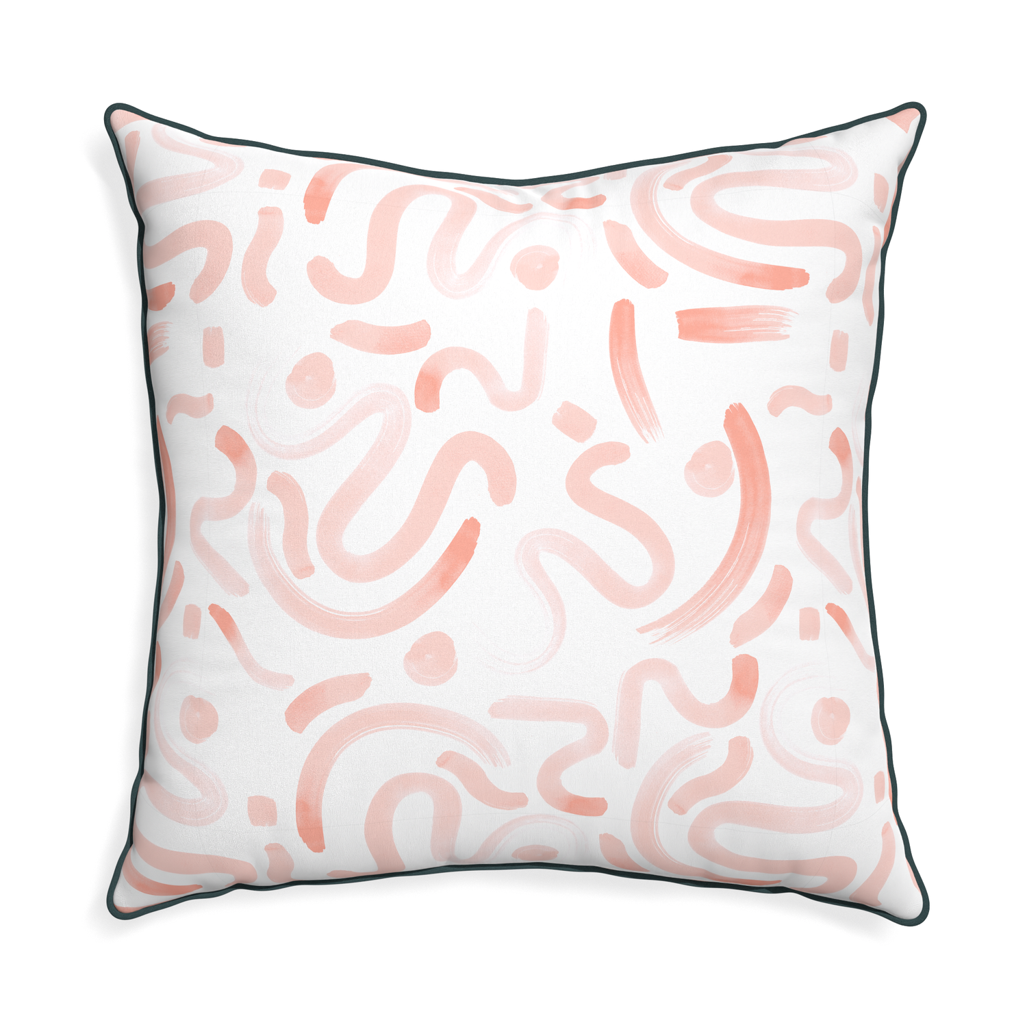 pink abstract pillow with teal piping 