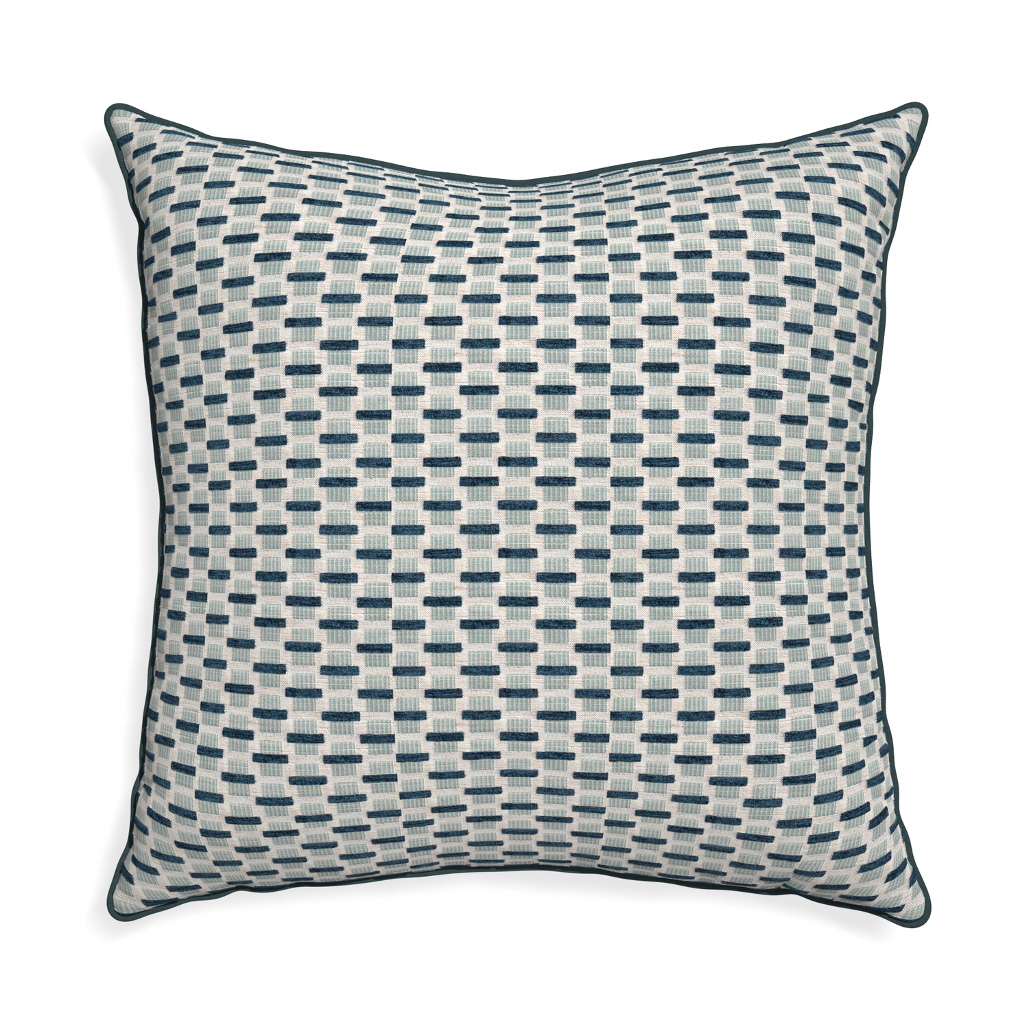 Euro-sham willow amalfi custom blue geometric chenillepillow with p piping on white background