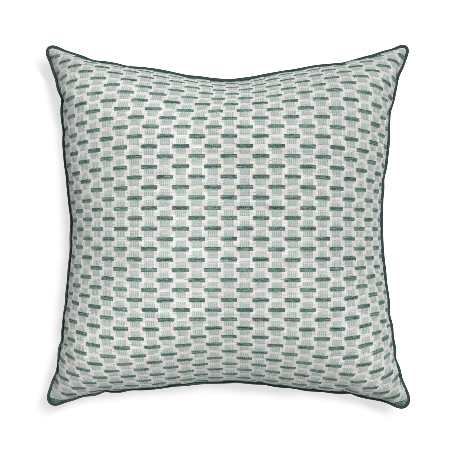 Euro-sham willow mint custom green geometric chenillepillow with p piping on white background