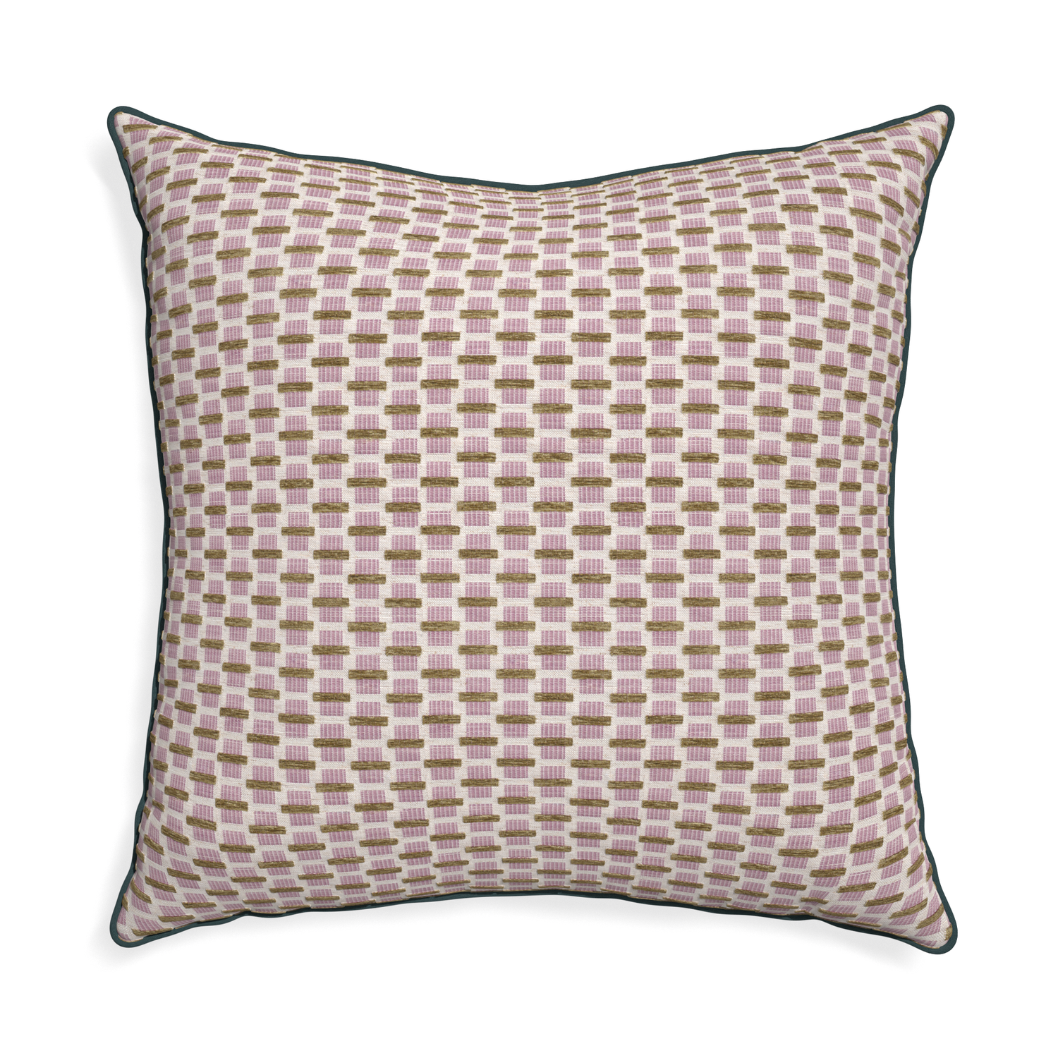 woven pink chenille jacquard pillow with teal piping