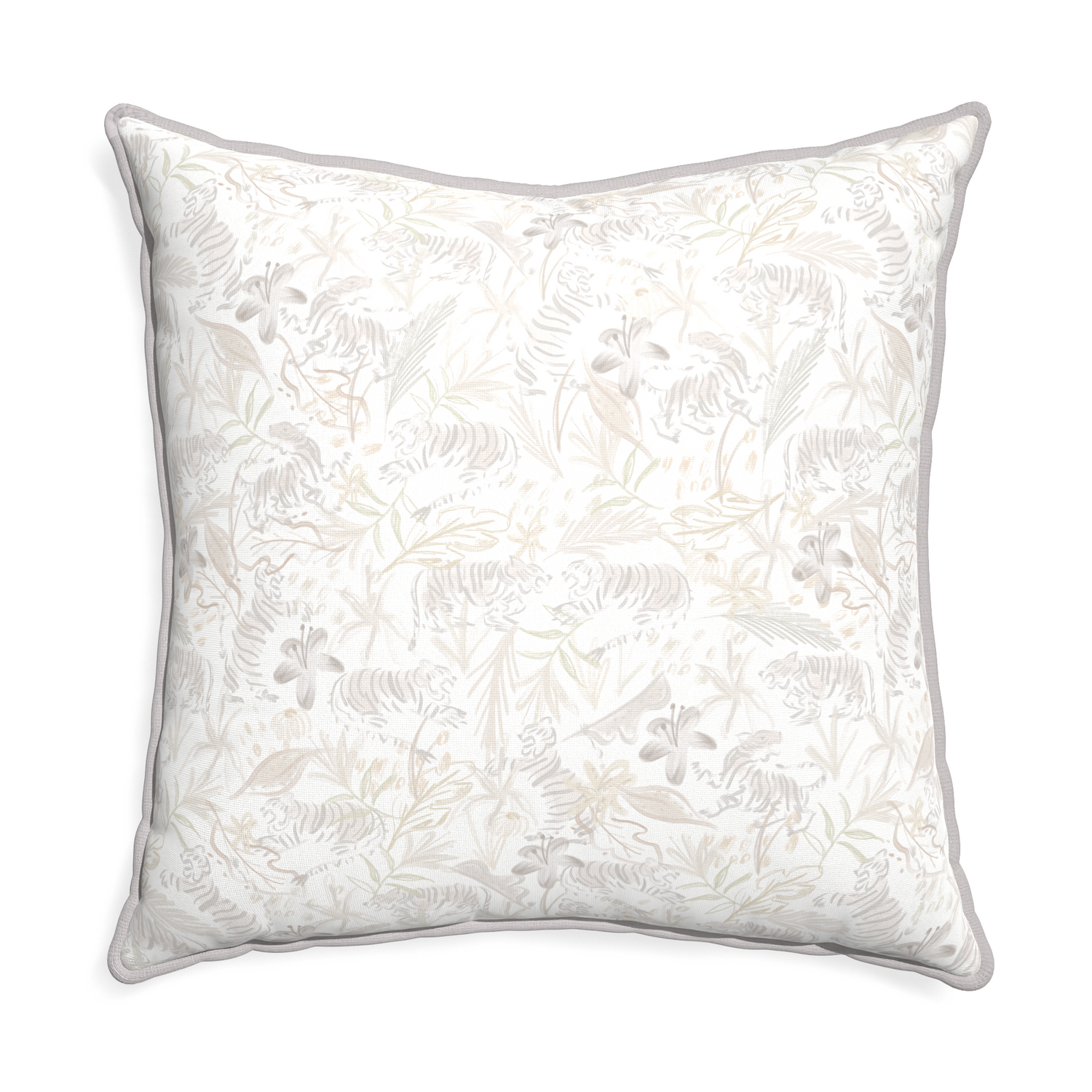 Euro-sham frida sand custom beige chinoiserie tigerpillow with pebble piping on white background