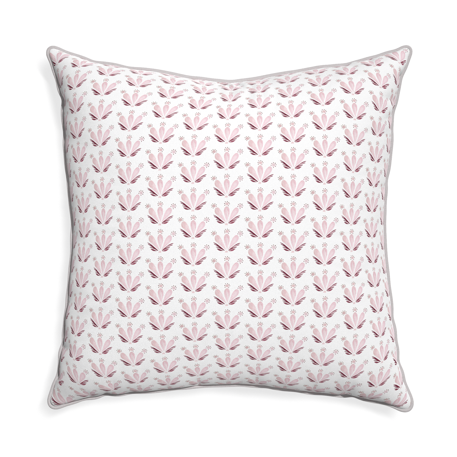 Euro-sham serena pink custom pink & burgundy drop repeat floralpillow with pebble piping on white background