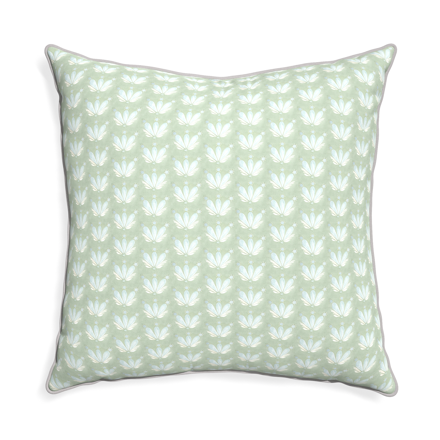 Euro-sham serena sea salt custom blue & green floral drop repeatpillow with pebble piping on white background