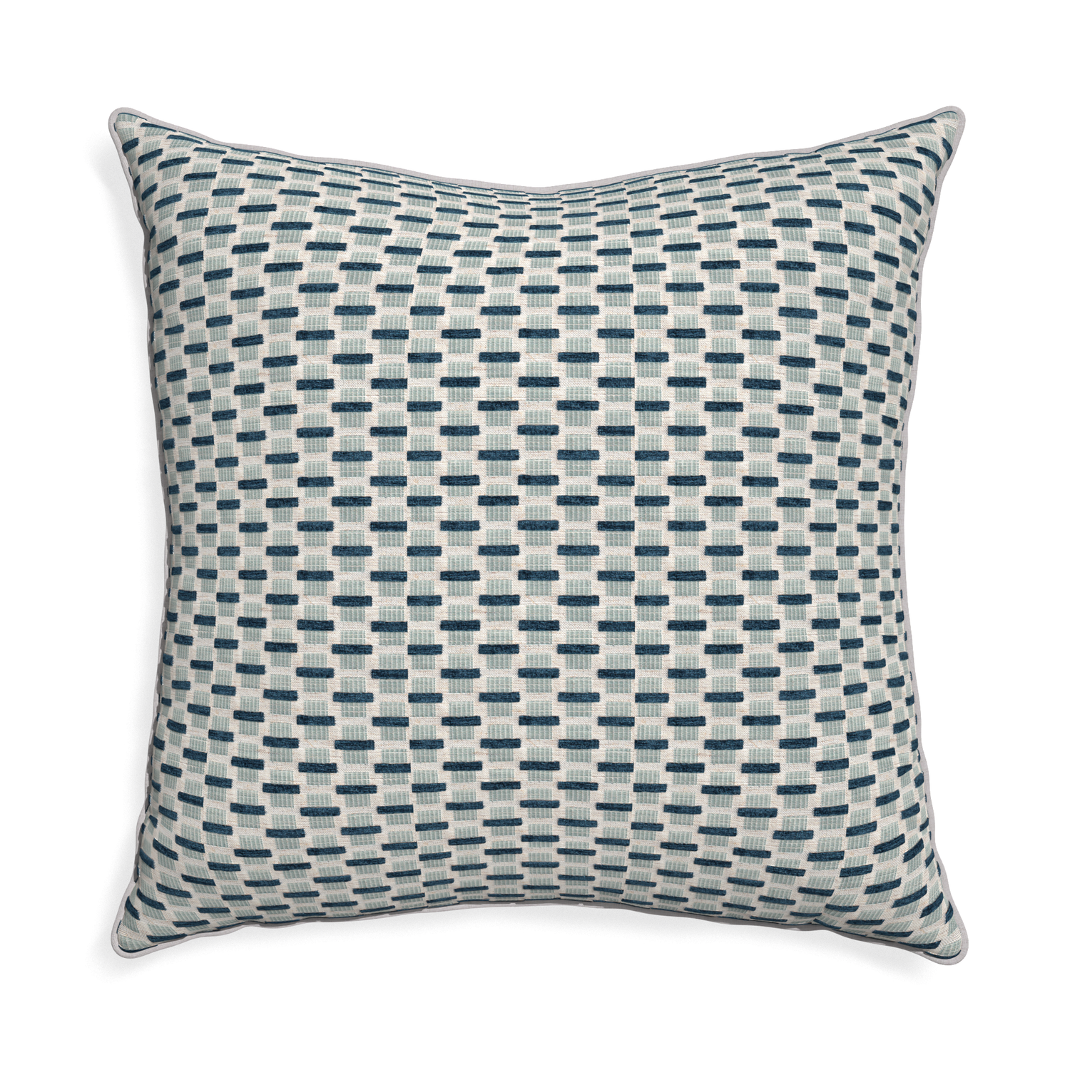 Euro-sham willow amalfi custom blue geometric chenillepillow with pebble piping on white background