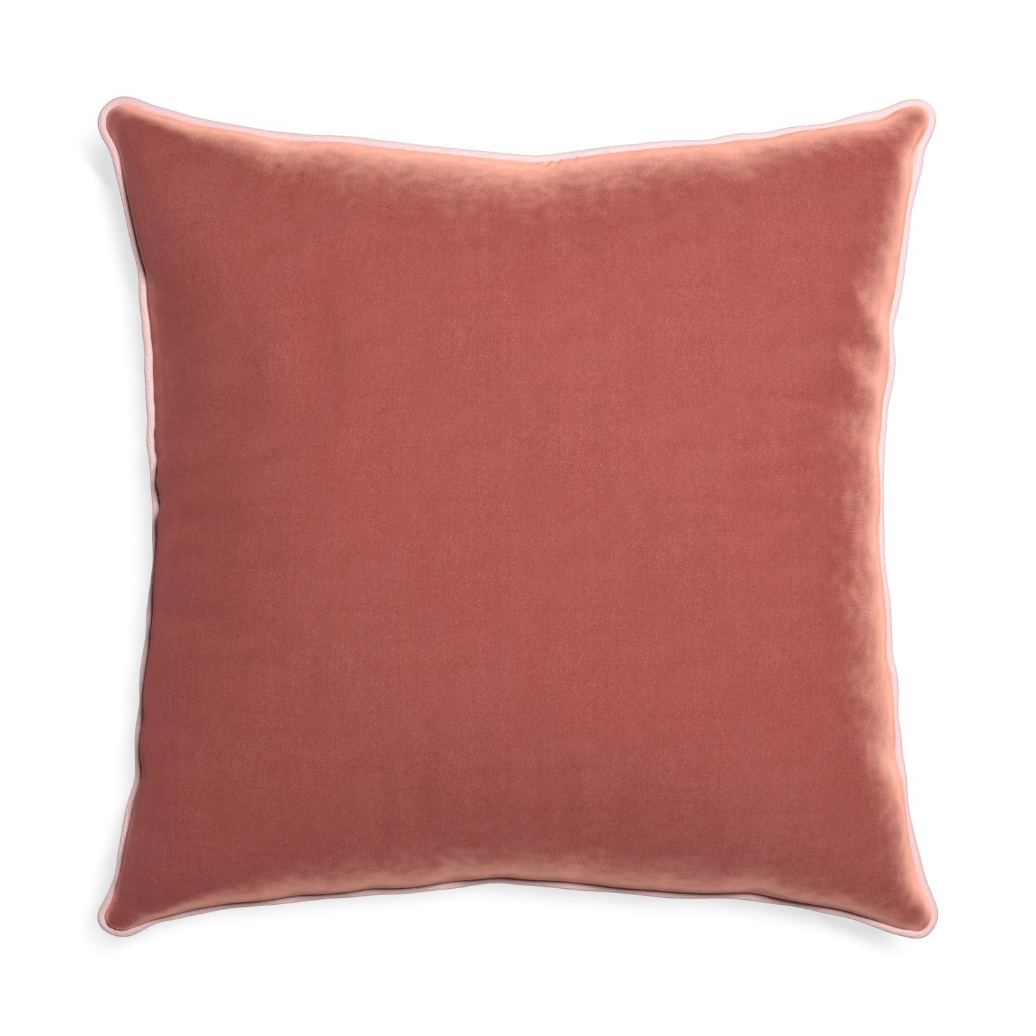 square coral velvet pillow with light pink piping