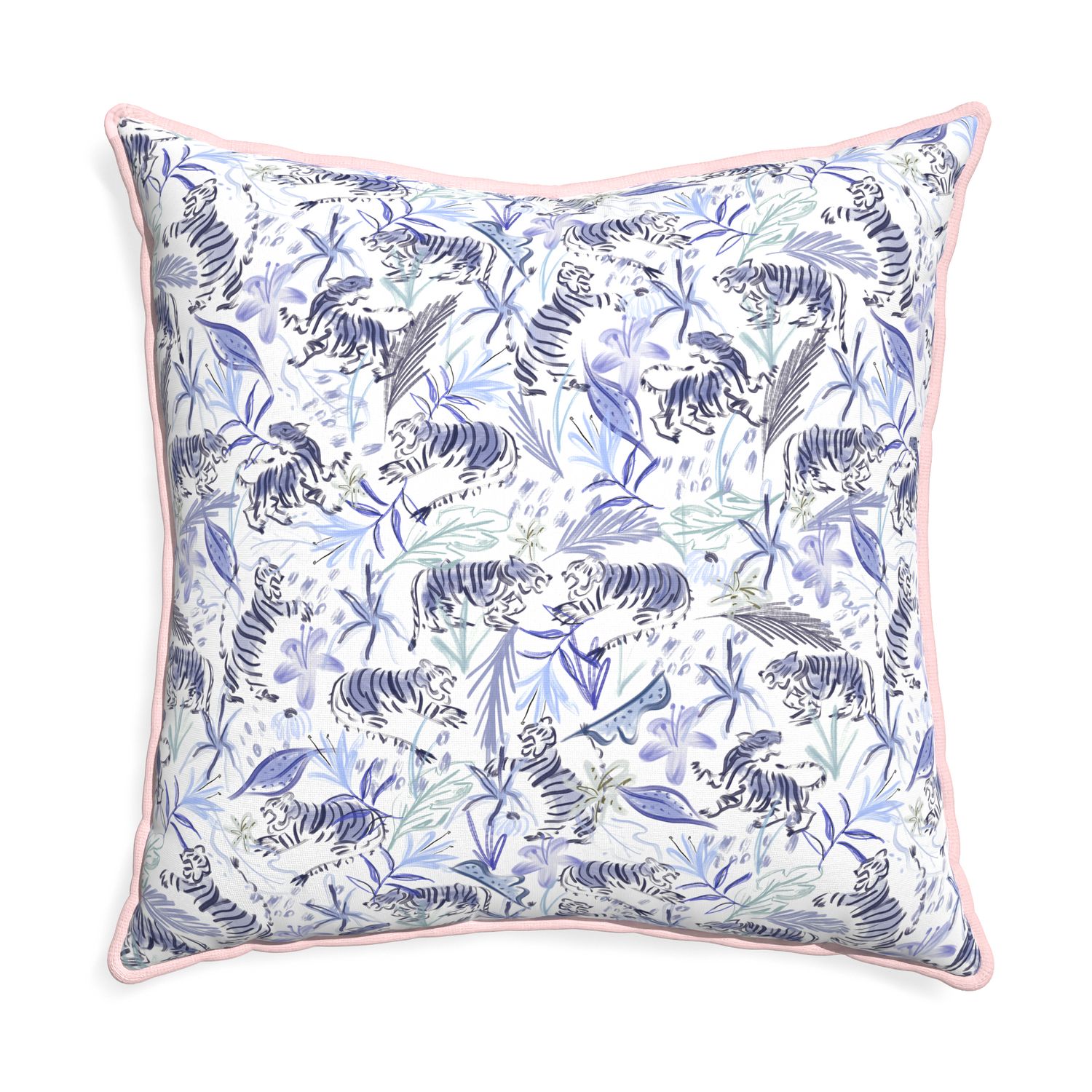 Euro-sham frida blue custom blue with intricate tiger designpillow with petal piping on white background