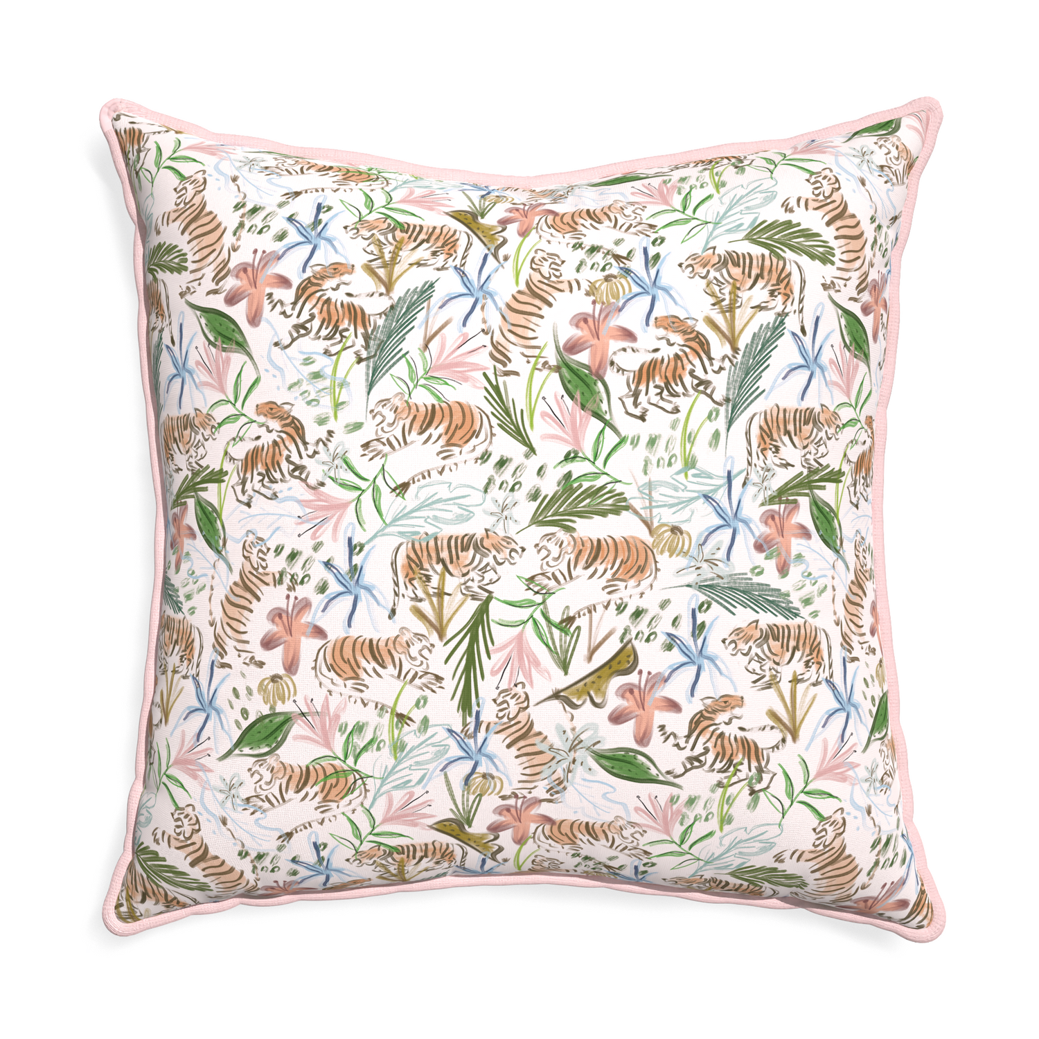 Euro-sham frida pink custom pink chinoiserie tigerpillow with petal piping on white background