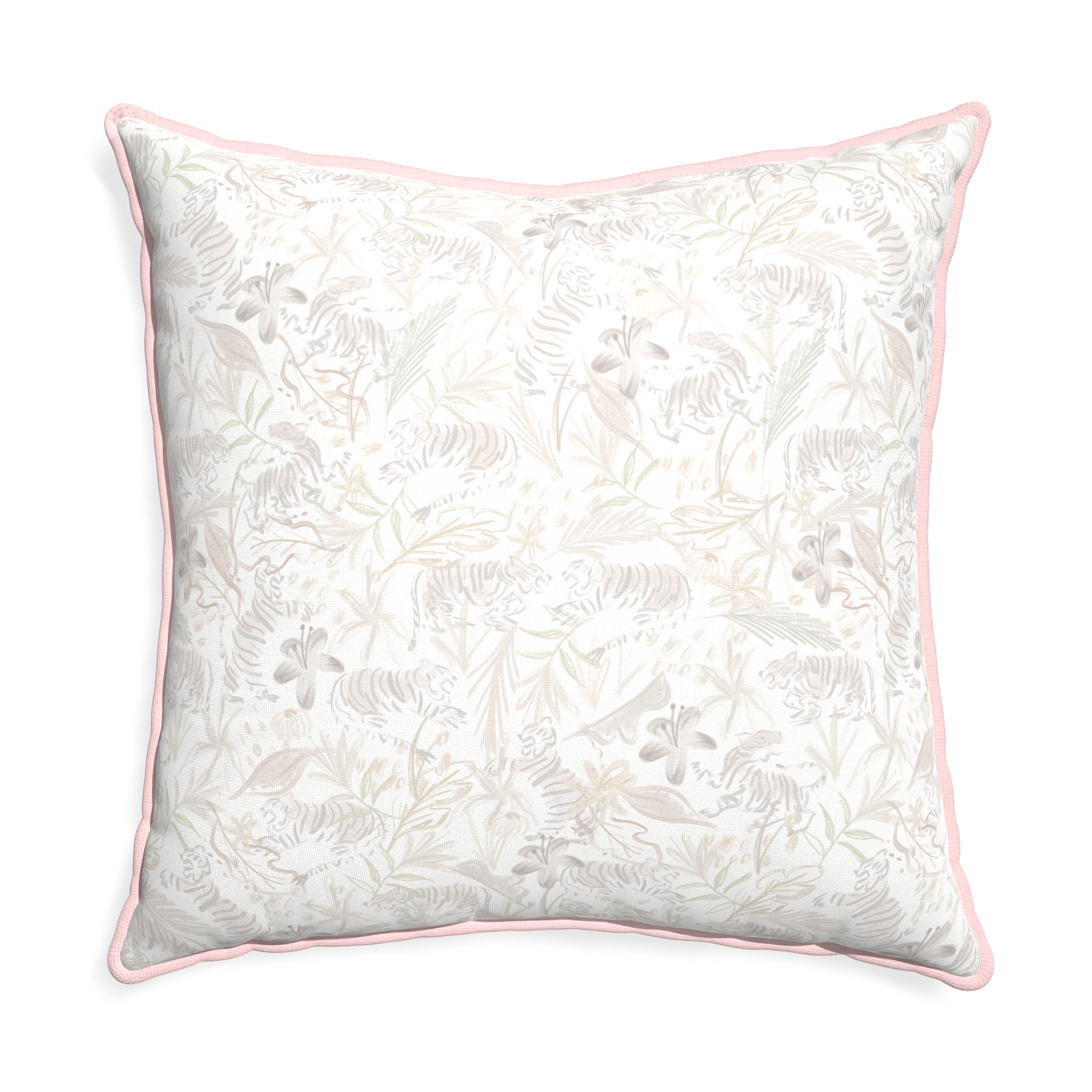 Euro-sham frida sand custom beige chinoiserie tigerpillow with petal piping on white background