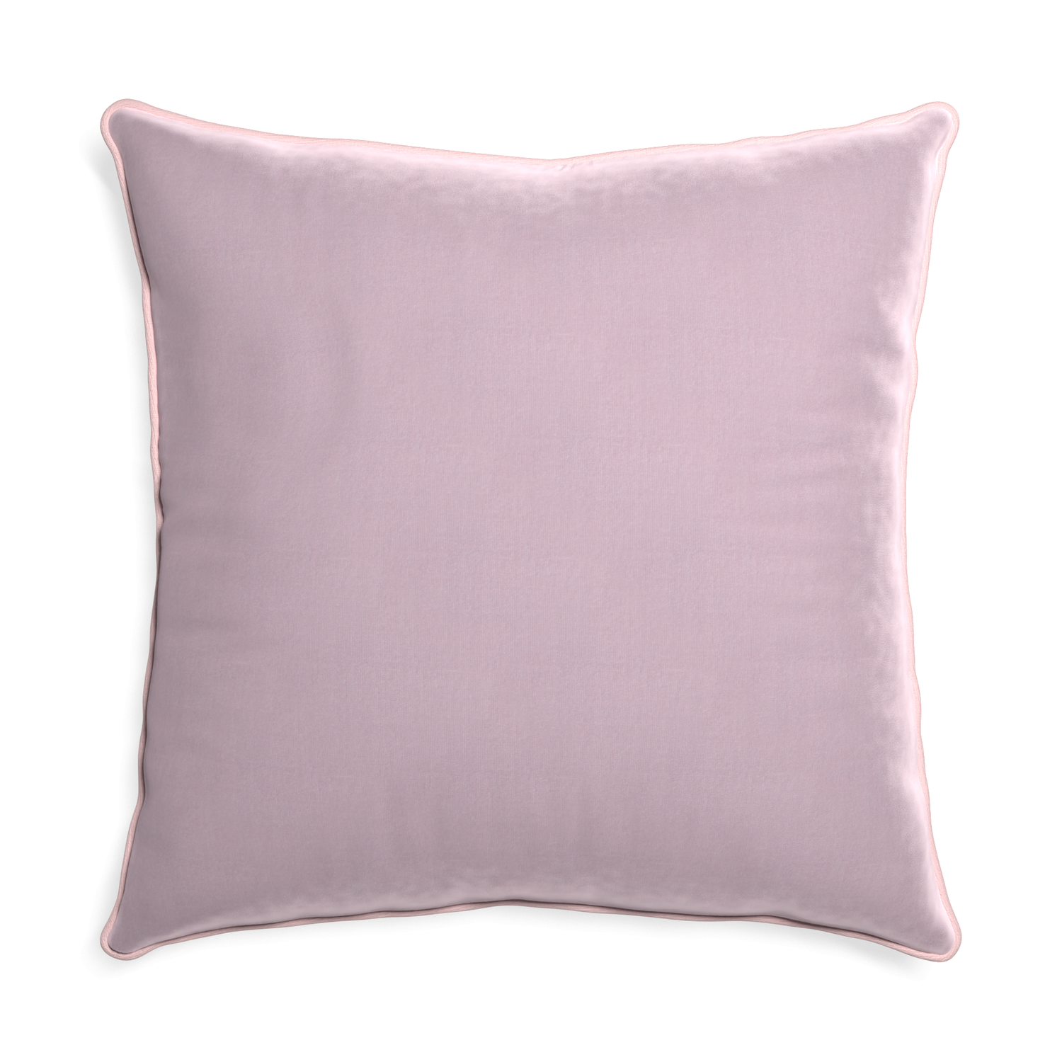 Euro-sham lilac velvet custom pillow with petal piping on white background