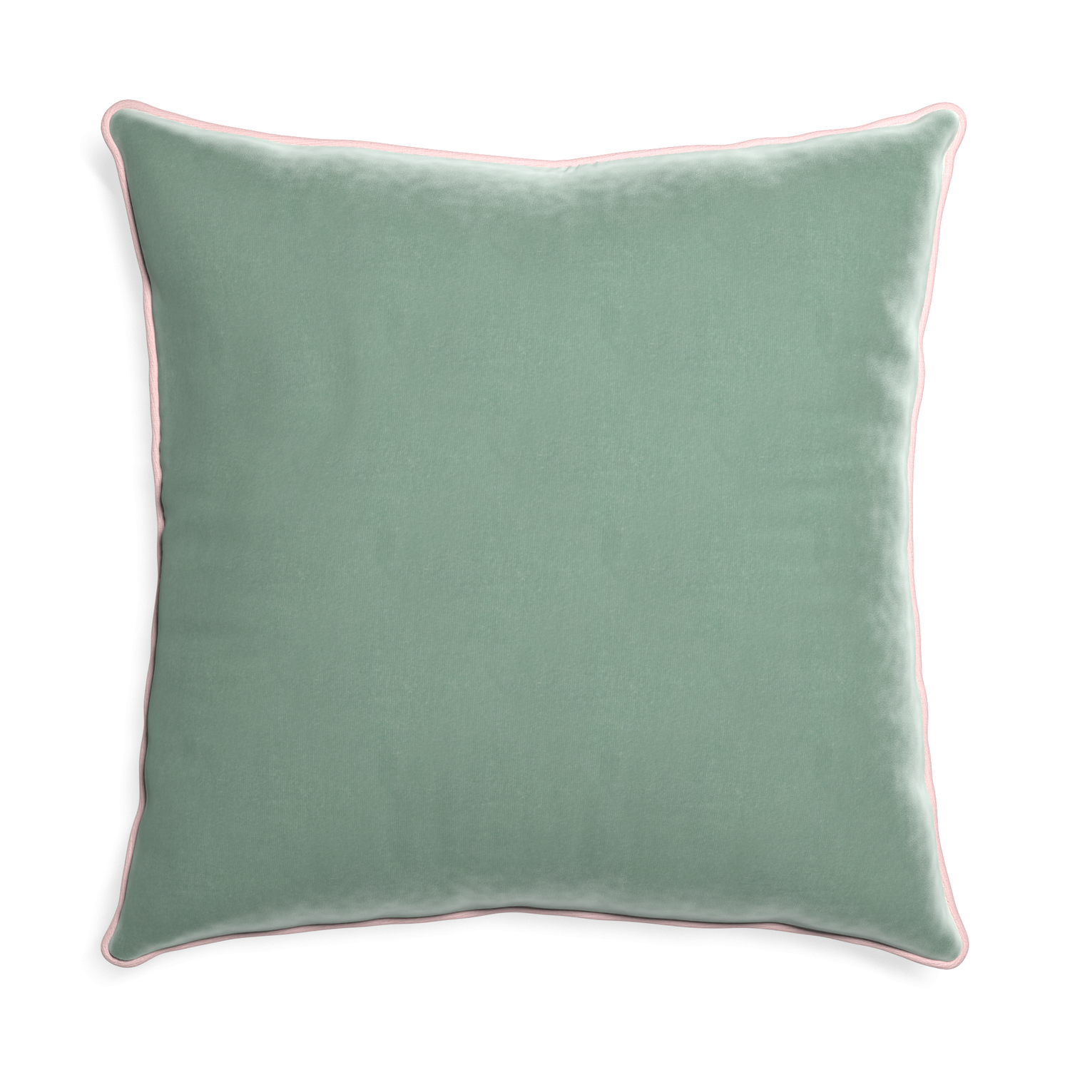 square blue green velvet pillow with light pink piping