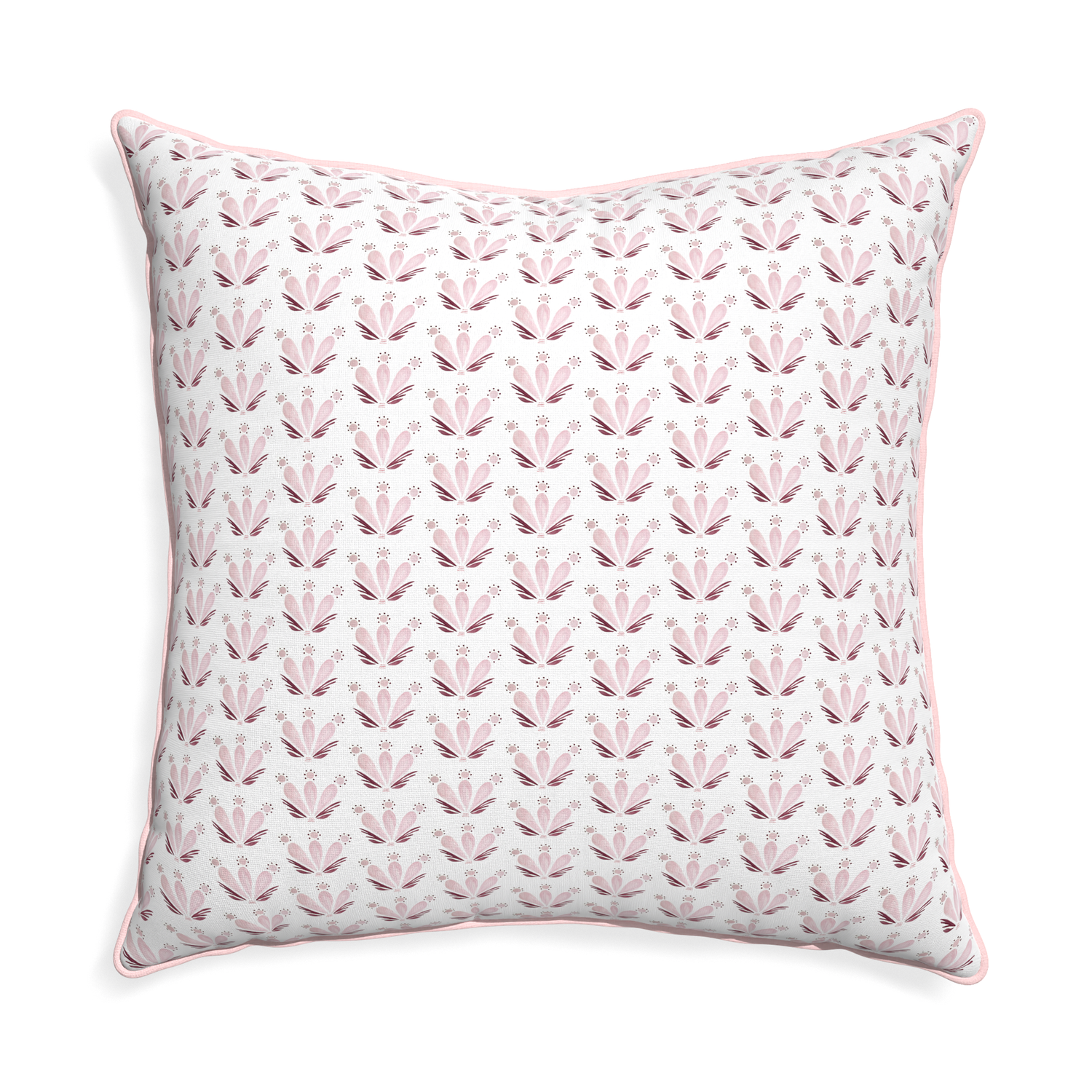 Euro-sham serena pink custom pink & burgundy drop repeat floralpillow with petal piping on white background
