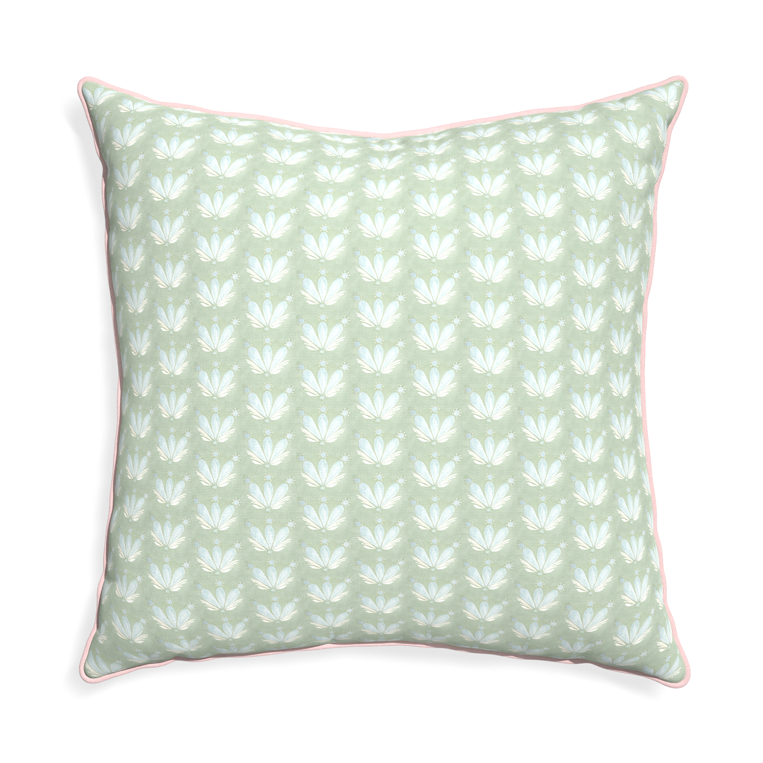 Euro-sham serena sea salt custom blue & green floral drop repeatpillow with petal piping on white background