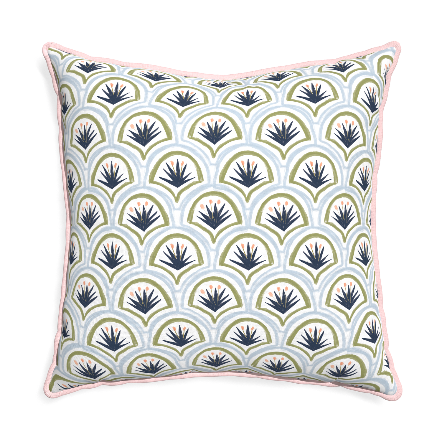 Euro-sham thatcher midnight custom art deco palm patternpillow with petal piping on white background