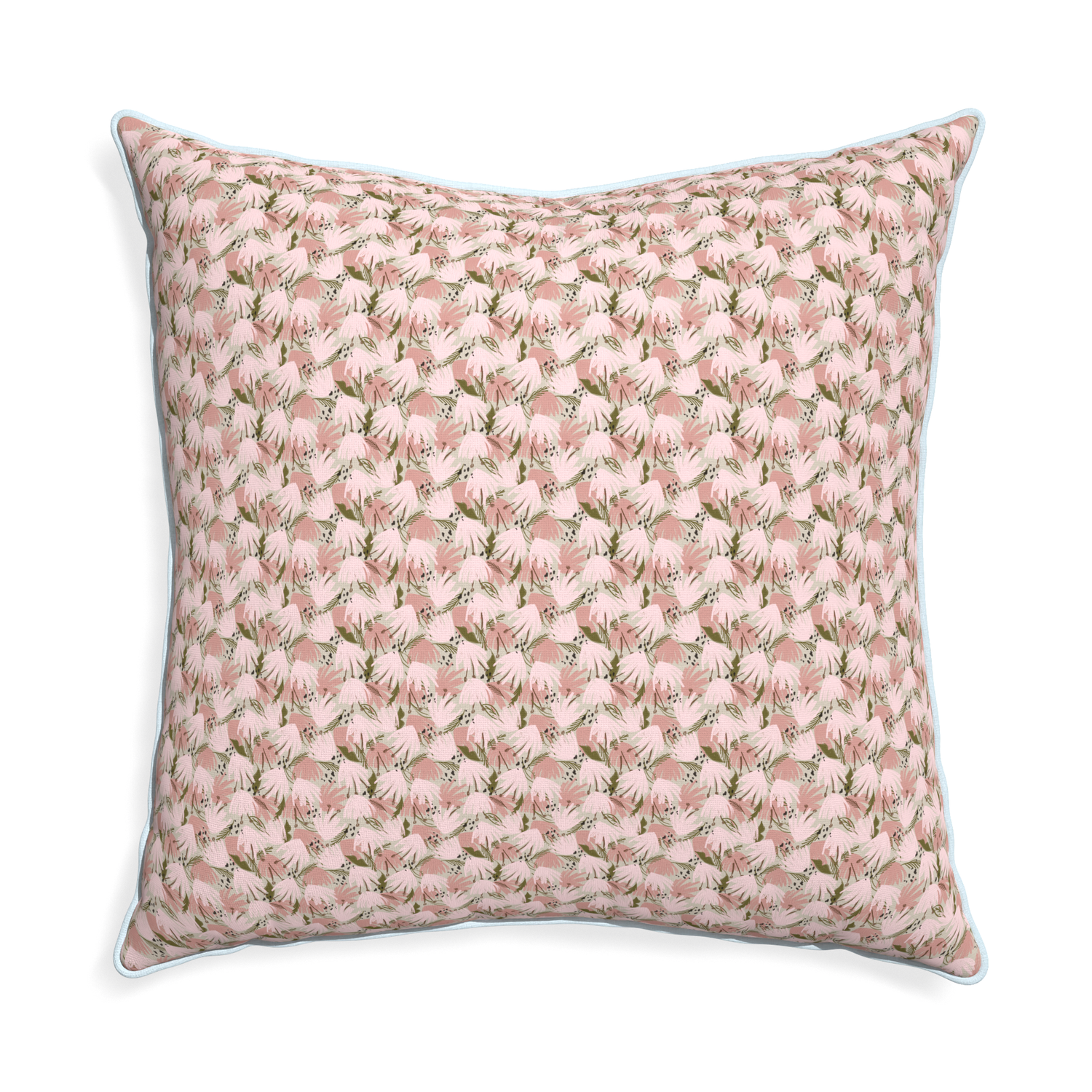 Euro-sham eden pink custom pink floralpillow with powder piping on white background