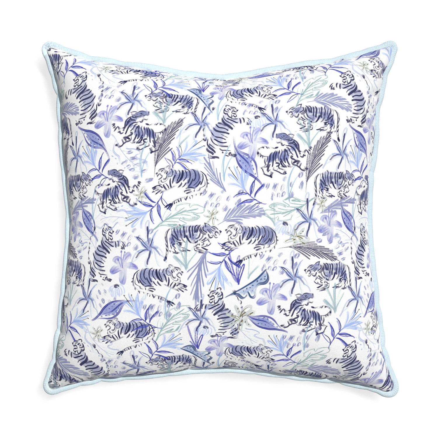 Euro-sham frida blue custom blue with intricate tiger designpillow with powder piping on white background