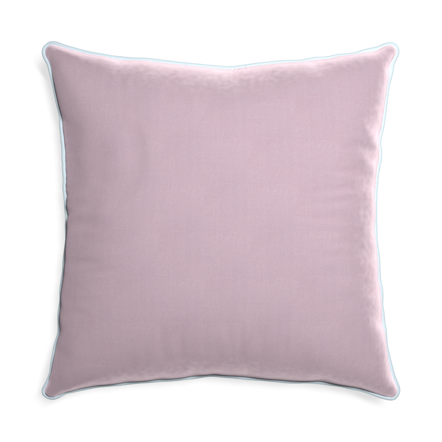 square lilac velvet pillow with light blue piping
