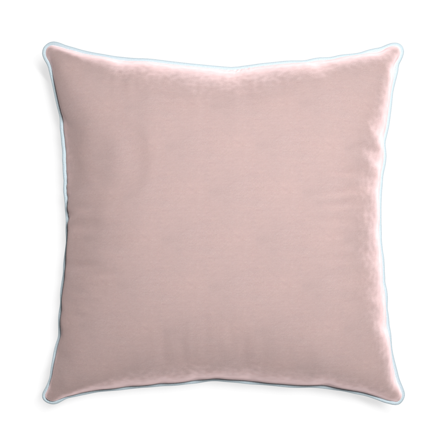square light pink velvet pillow with light blue piping