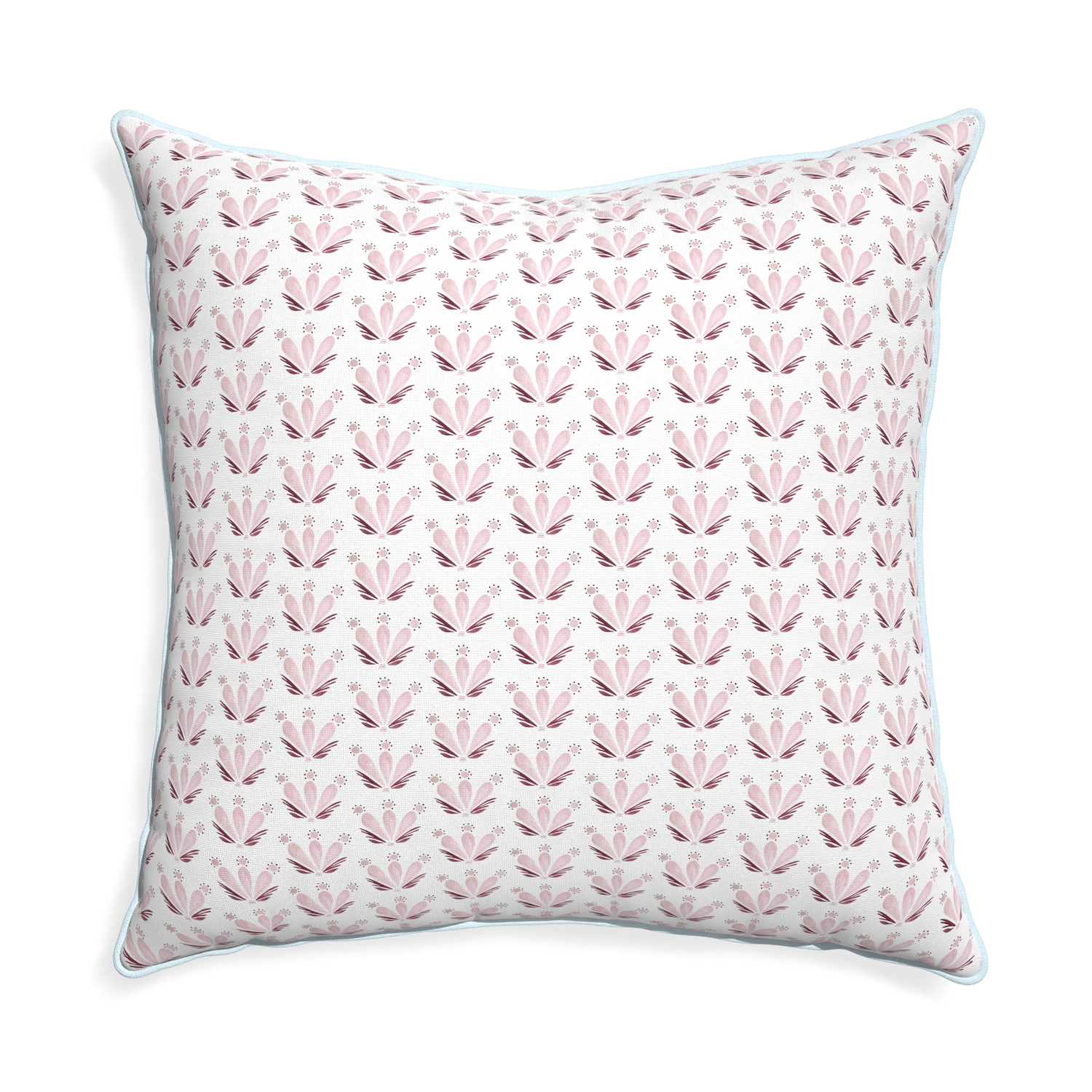 Euro-sham serena pink custom pink & burgundy drop repeat floralpillow with powder piping on white background