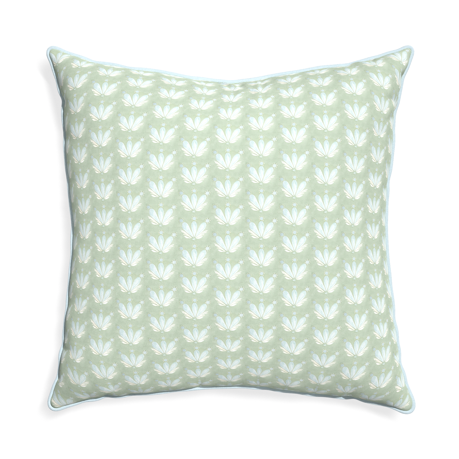 Euro-sham serena sea salt custom blue & green floral drop repeatpillow with powder piping on white background