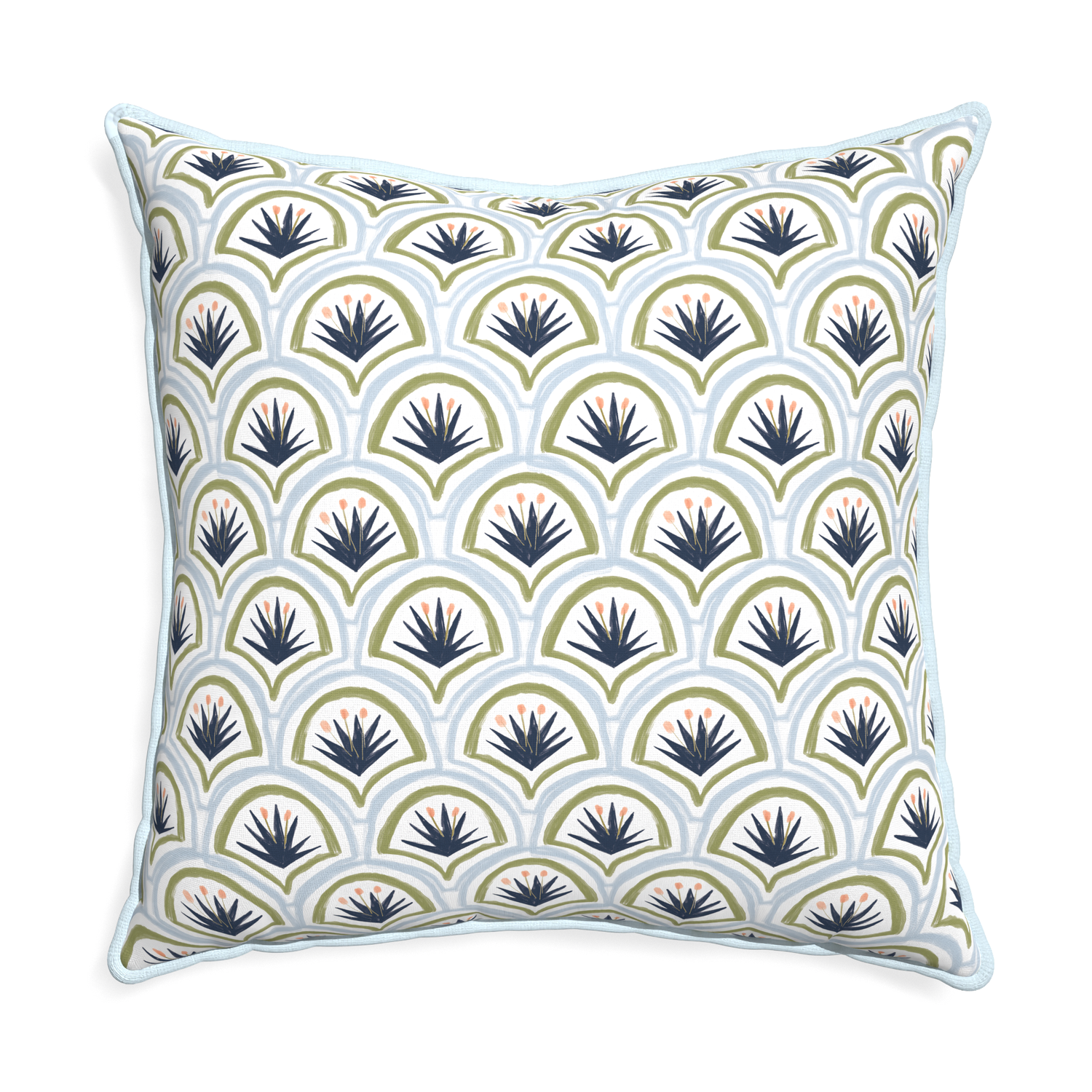 Euro-sham thatcher midnight custom art deco palm patternpillow with powder piping on white background
