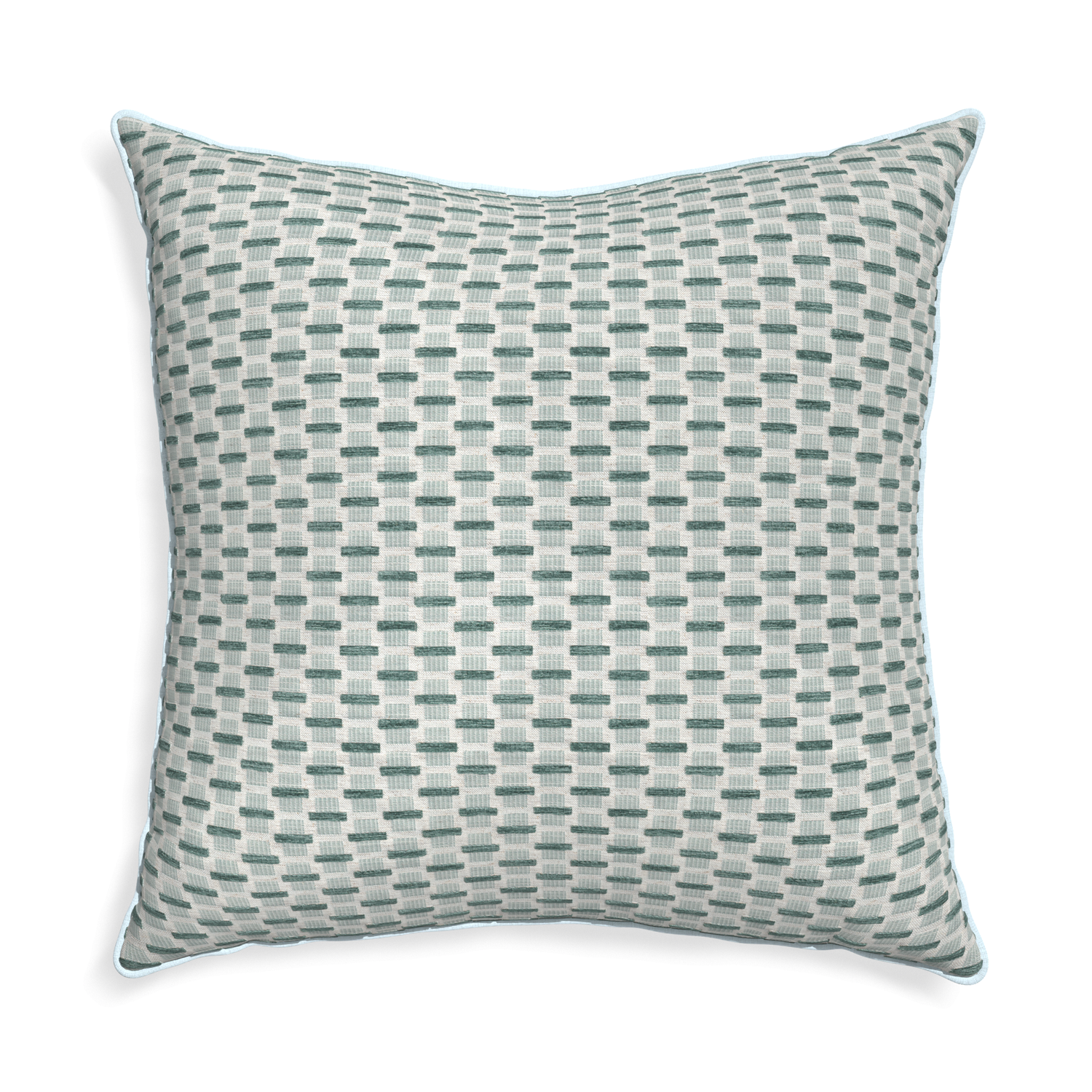 Euro-sham willow mint custom green geometric chenillepillow with powder piping on white background