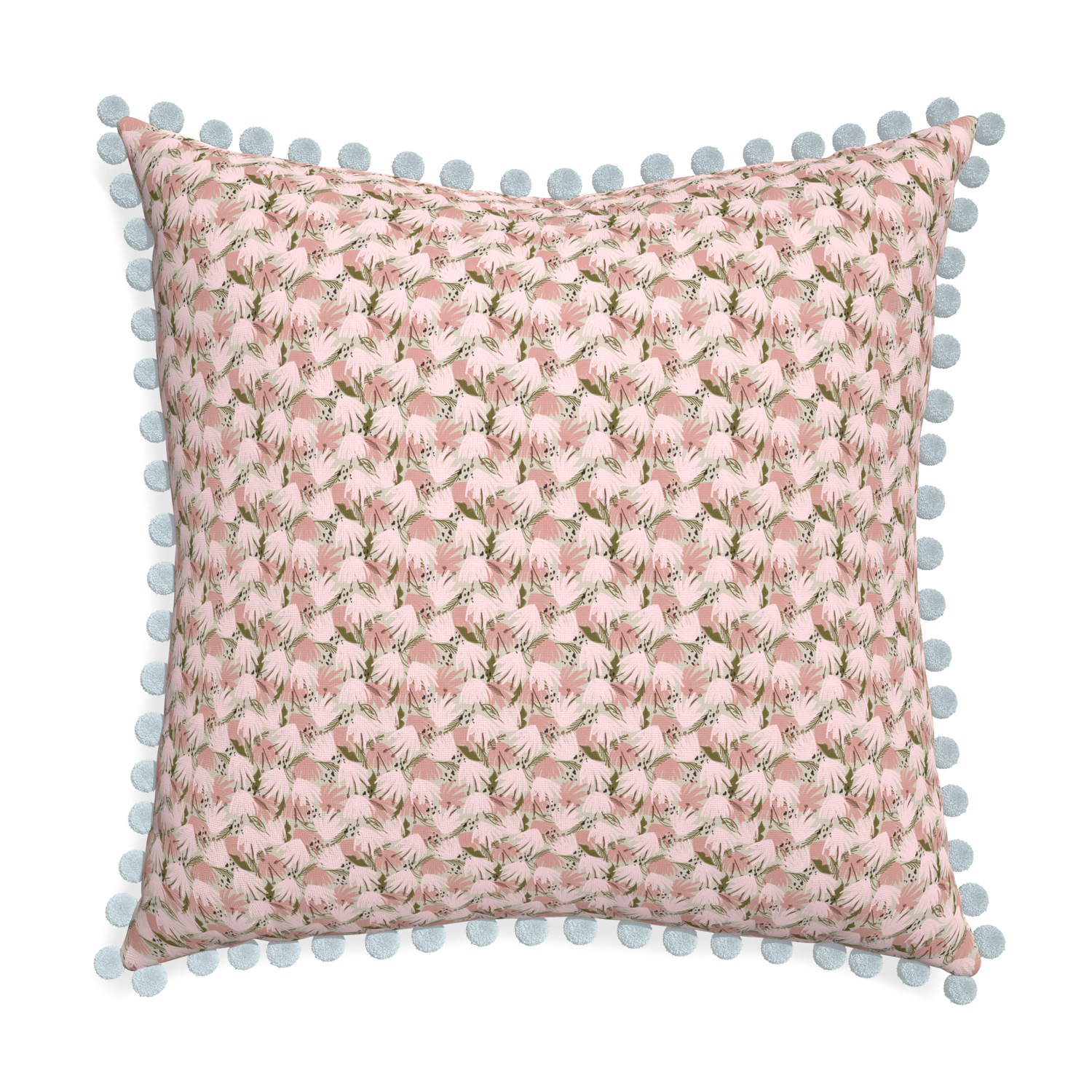 Euro-sham eden pink custom pillow with powder pom pom on white background