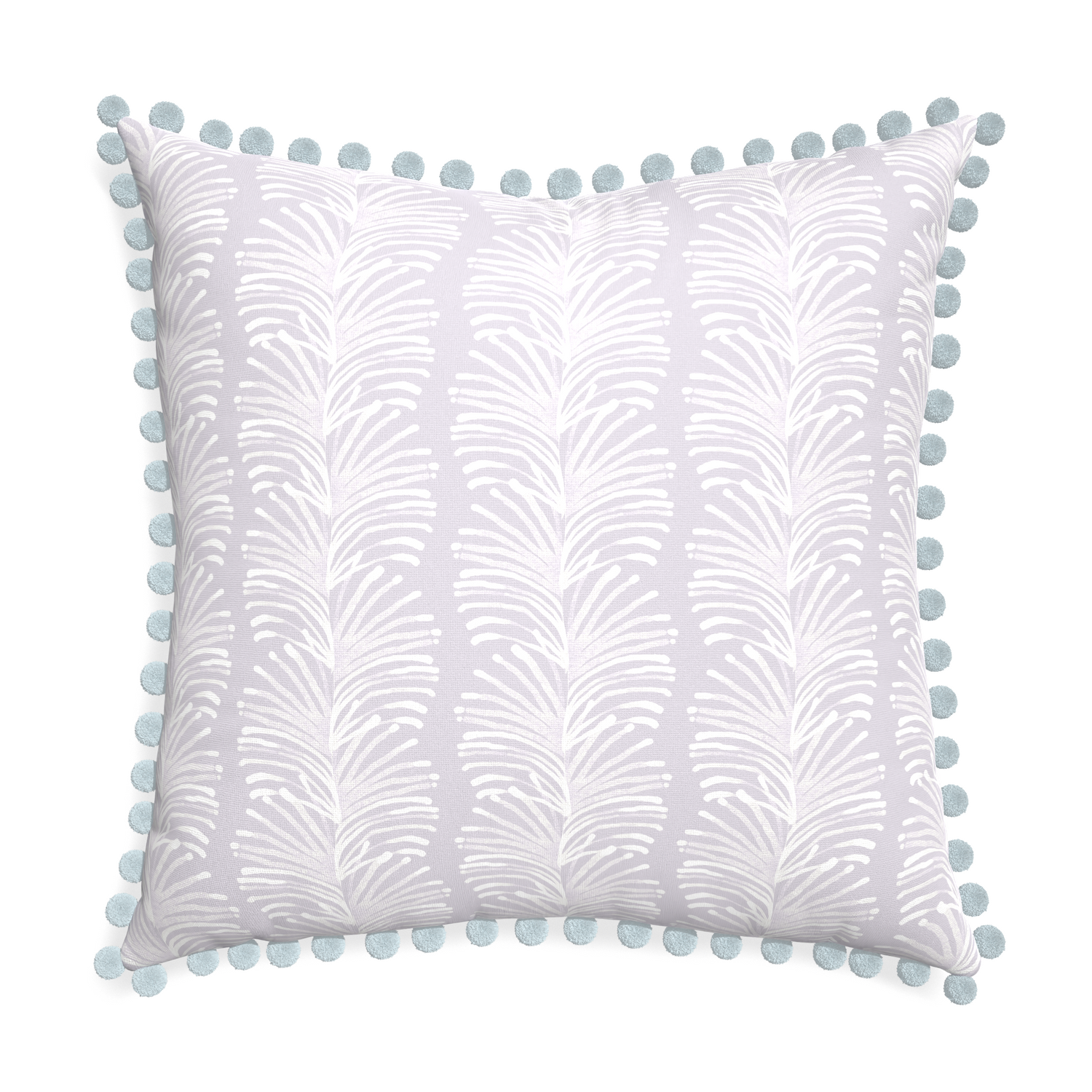 Euro-sham emma lavender custom pillow with powder pom pom on white background