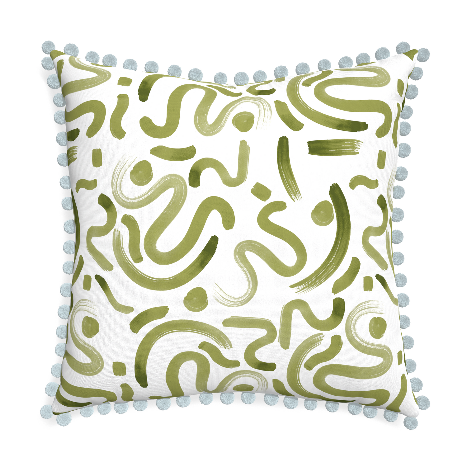 Euro-sham hockney moss custom pillow with powder pom pom on white background