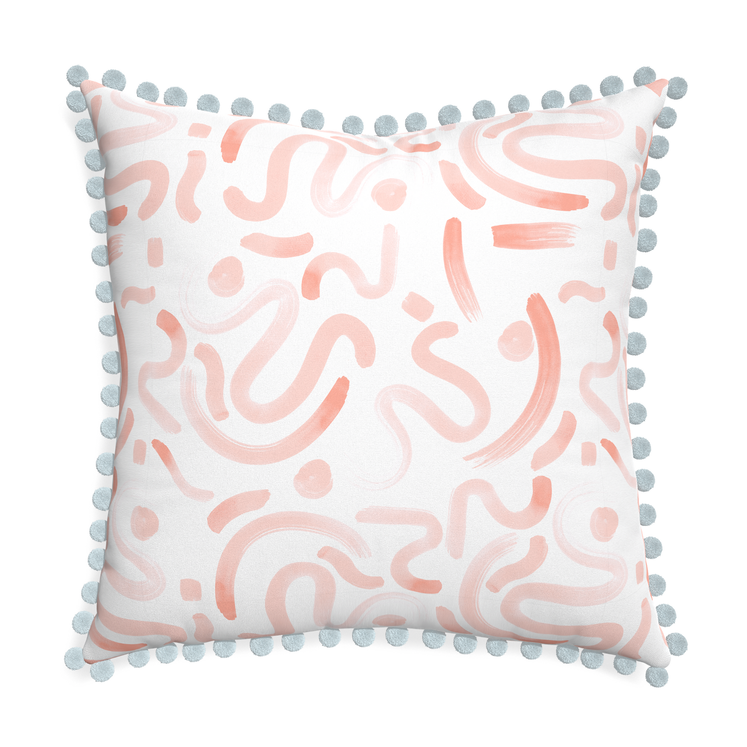 Euro-sham hockney pink custom pillow with powder pom pom on white background
