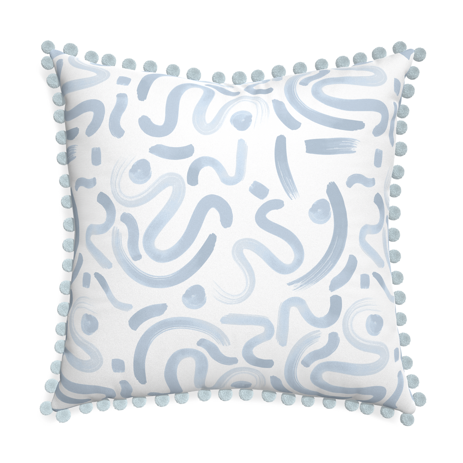 Euro-sham hockney sky custom pillow with powder pom pom on white background