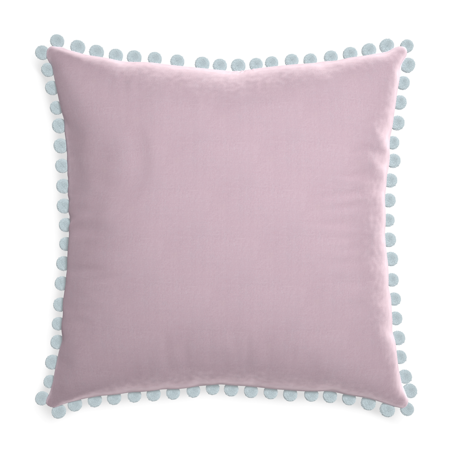 Euro-sham lilac velvet custom pillow with powder pom pom on white background