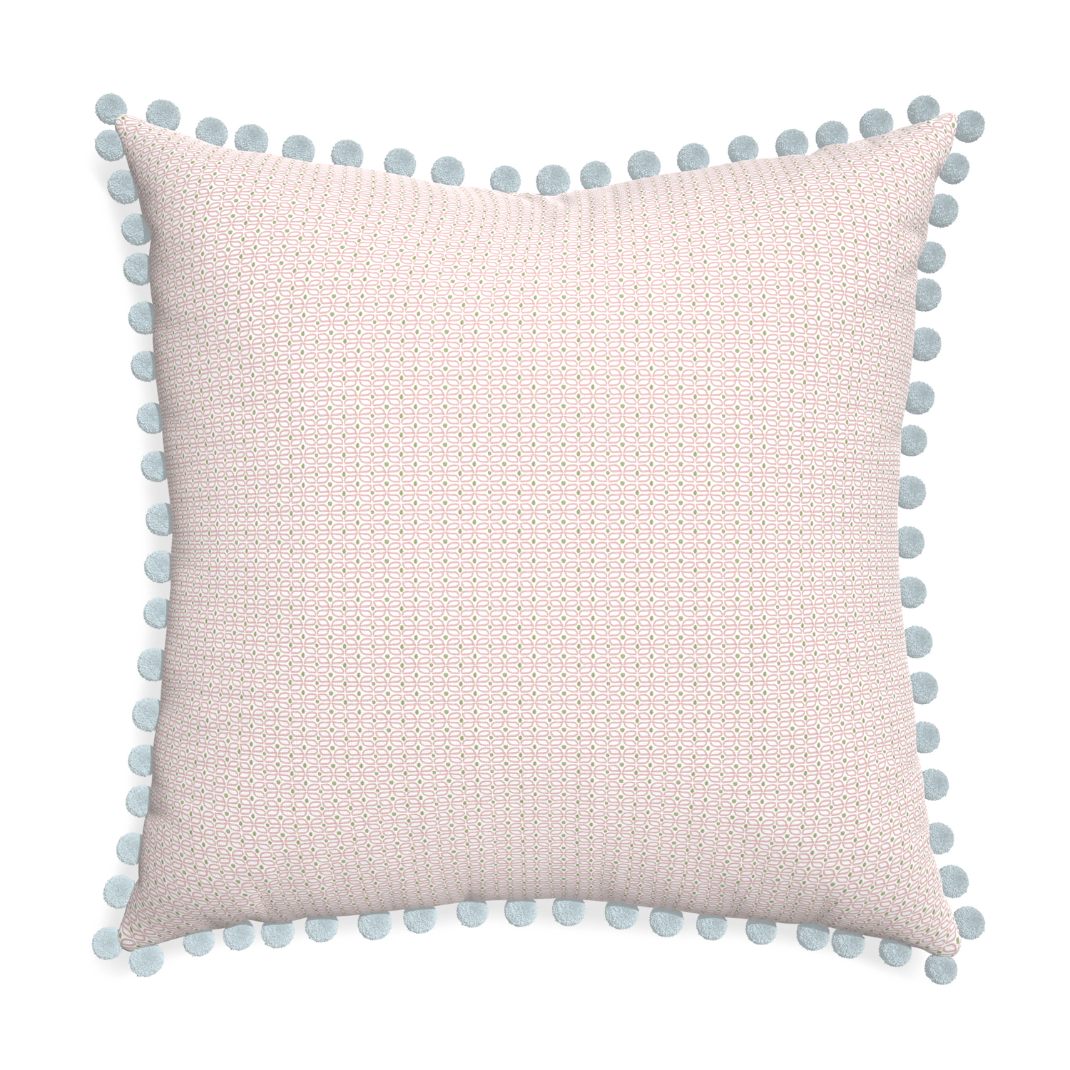 Euro-sham loomi pink custom pillow with powder pom pom on white background