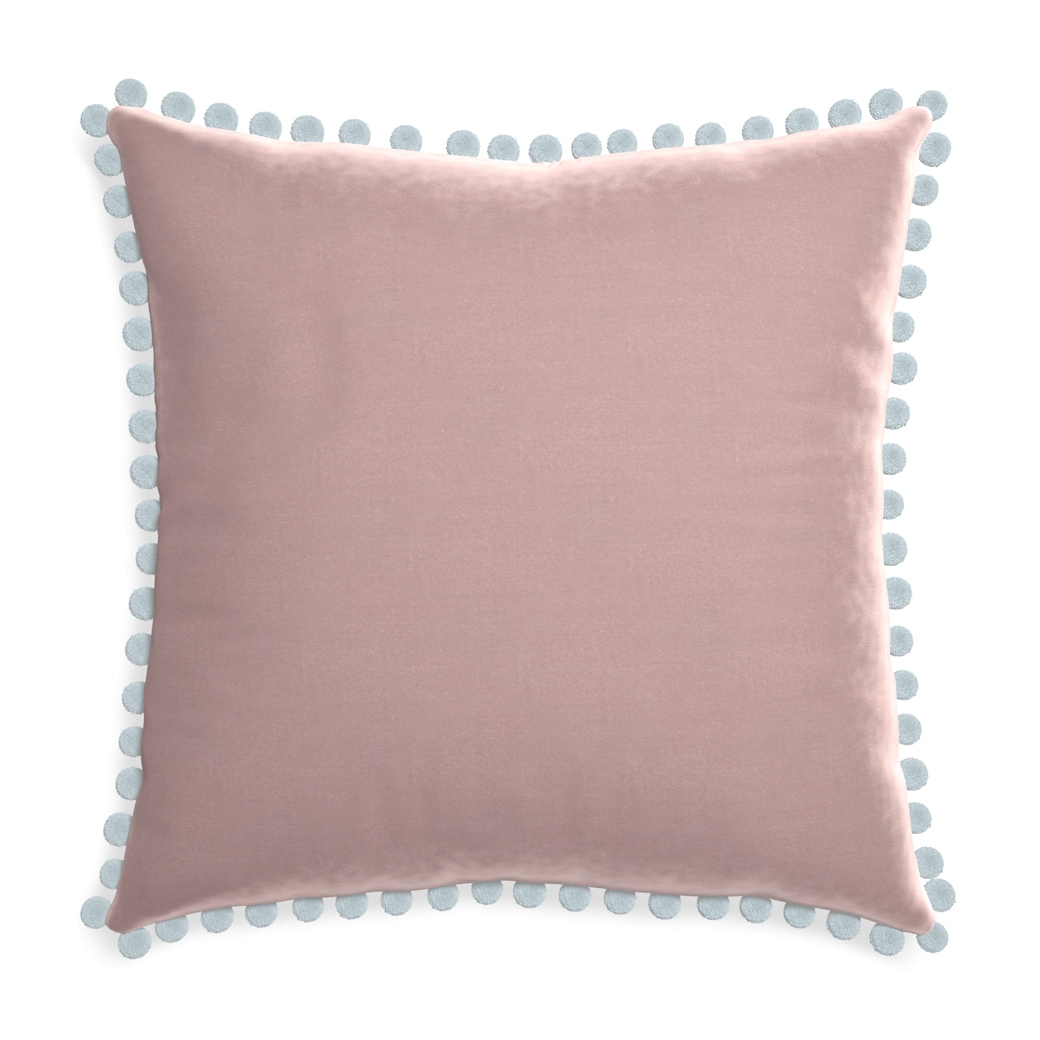Euro-sham mauve velvet custom pillow with powder pom pom on white background