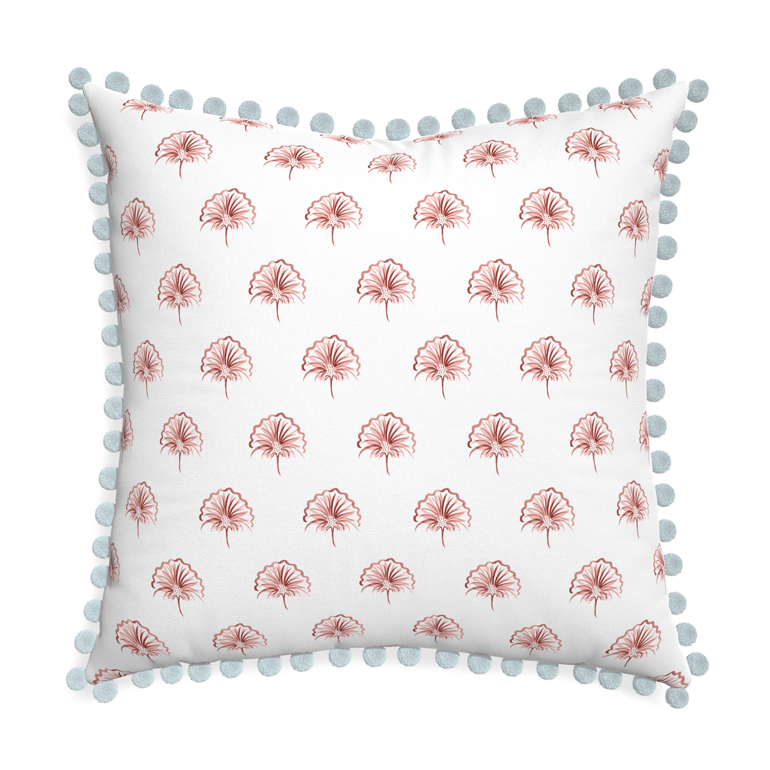 Euro-sham penelope rose custom pillow with powder pom pom on white background