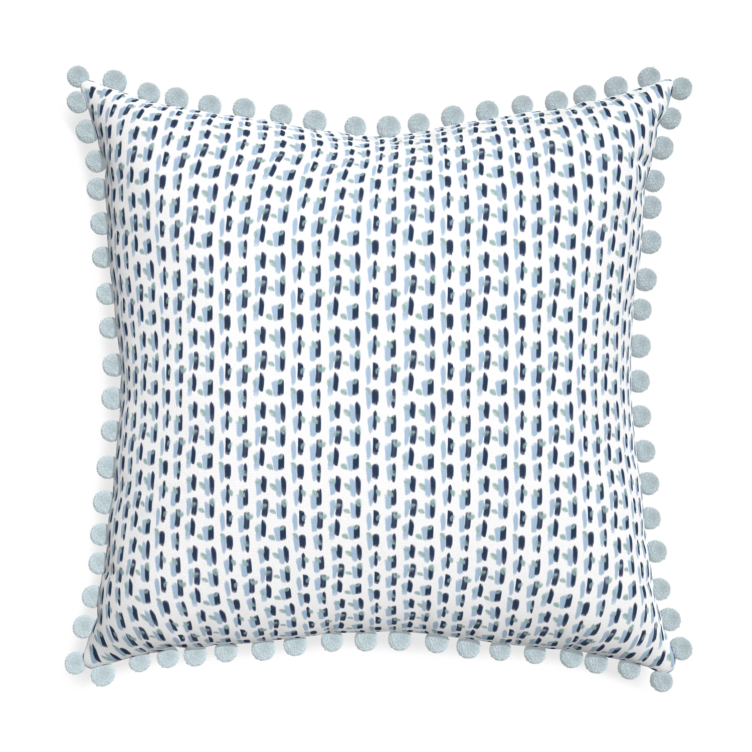 Euro-sham poppy blue custom pillow with powder pom pom on white background