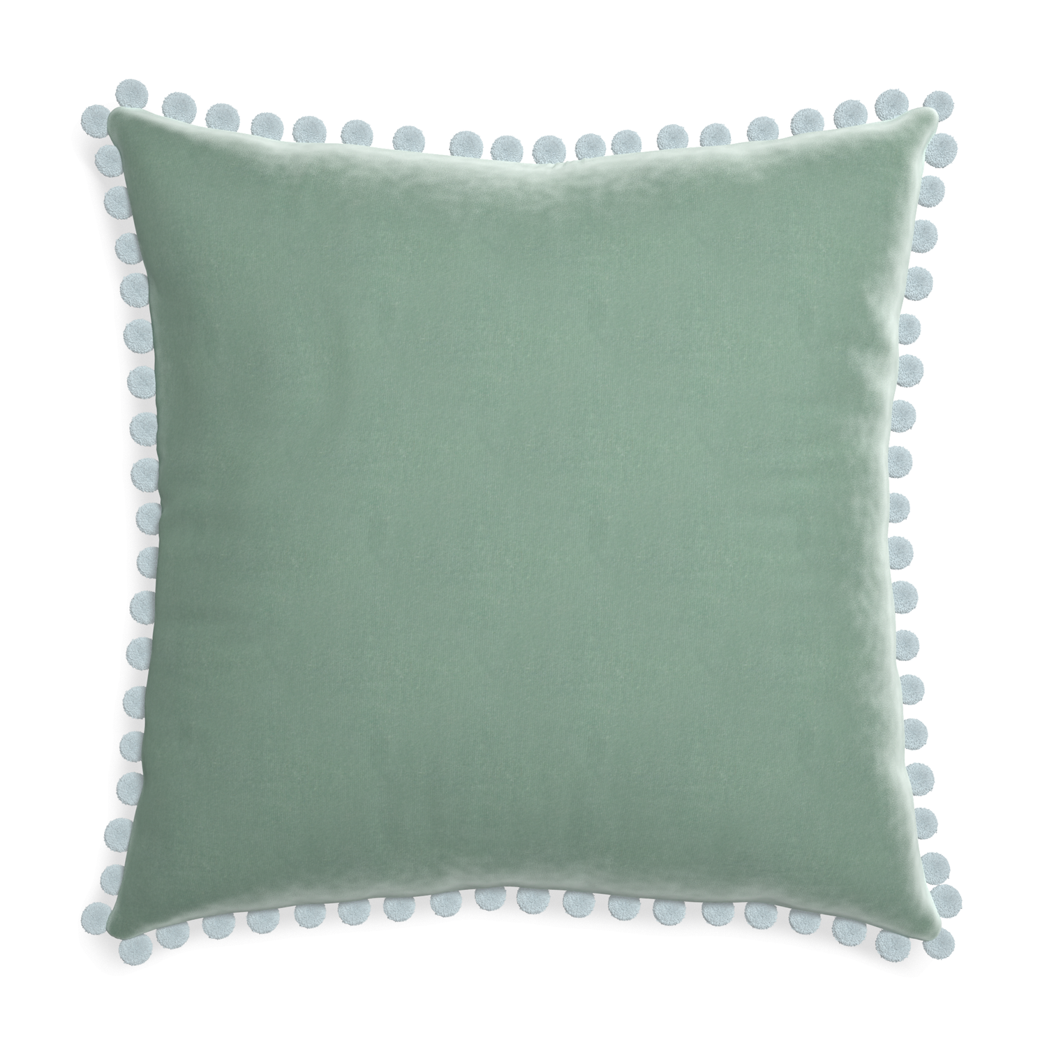 square blue green velvet pillow with light blue pom poms