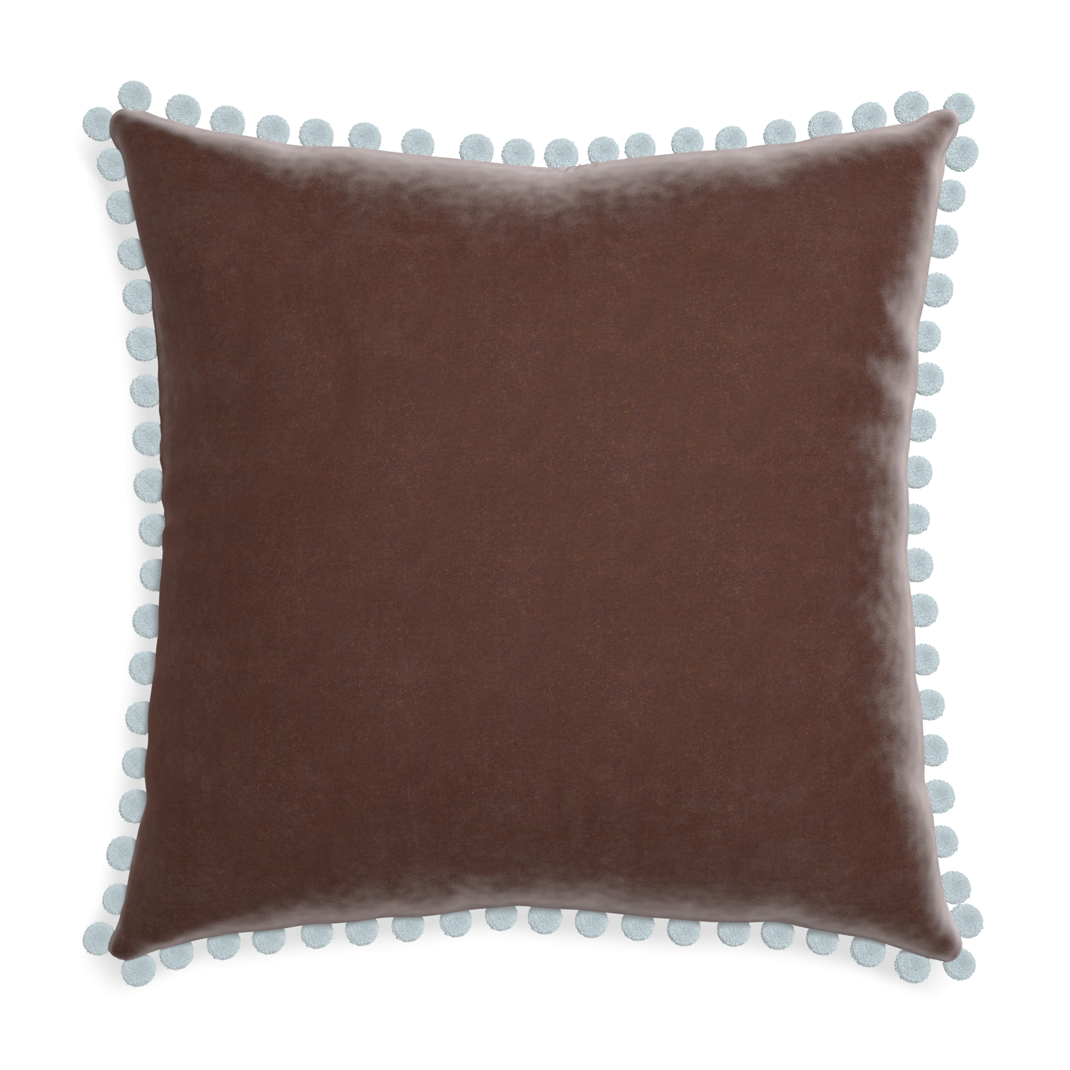 Euro-sham walnut velvet custom pillow with powder pom pom on white background